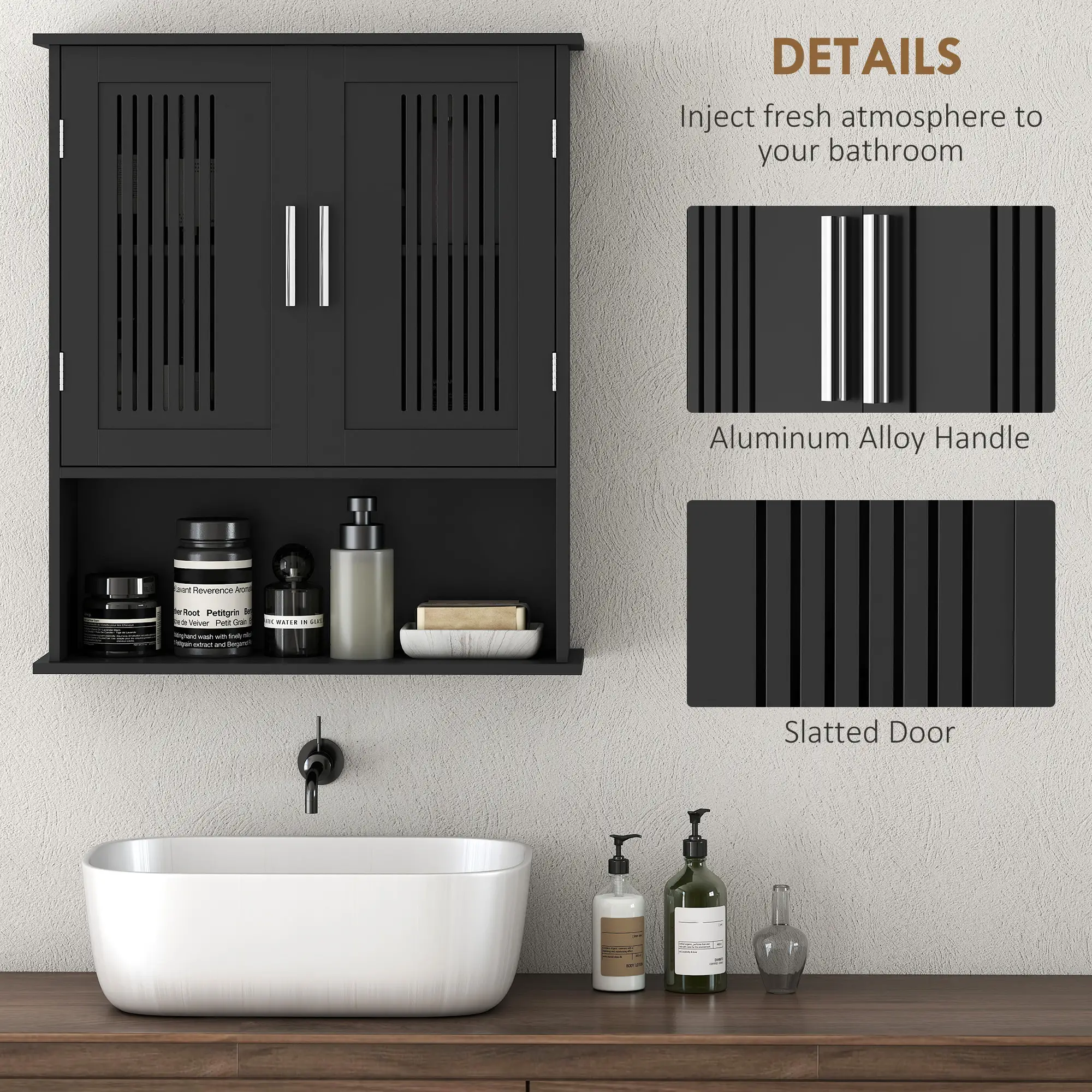 Wall Mount Bathroom Cabinet, 2 Door With Shelf, Black - Image 6