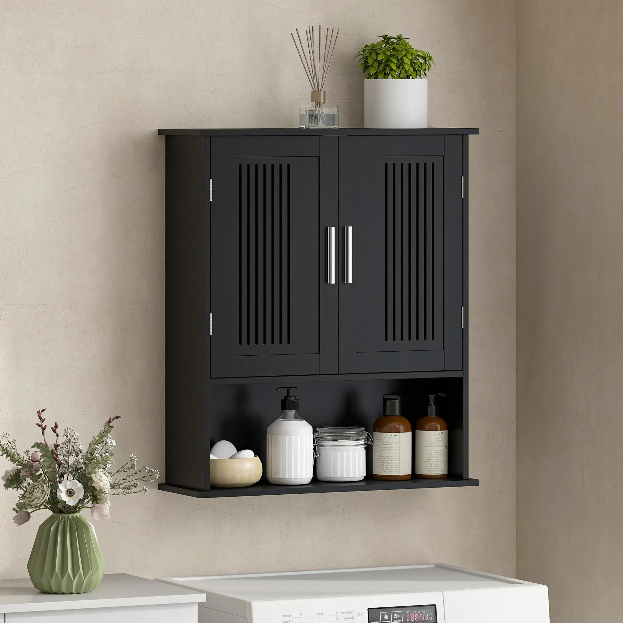 Wall Mount Bathroom Cabinet, 2 Door With Shelf, Black - Image 8