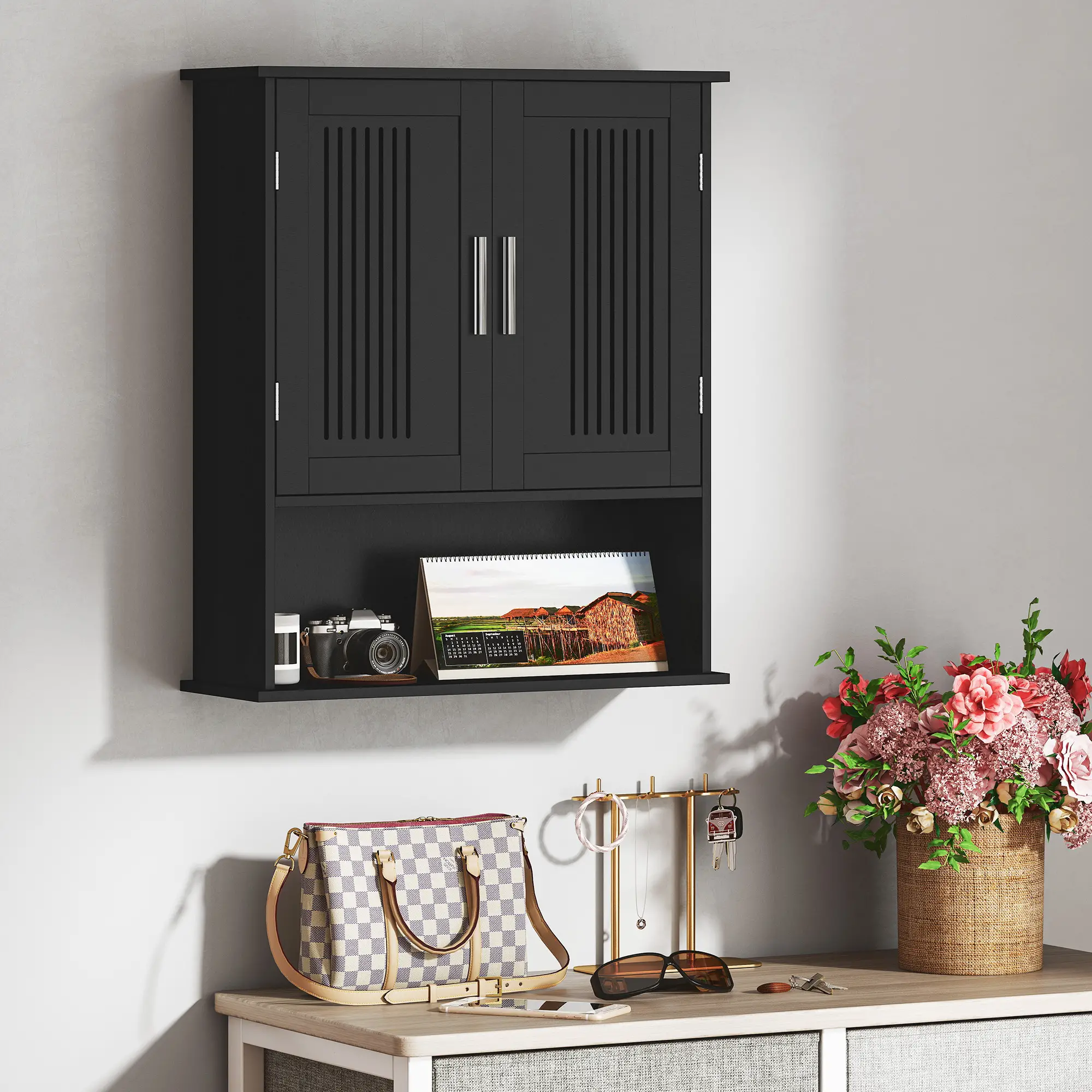 Wall Mount Bathroom Cabinet, 2 Door With Shelf, Black - Image 9