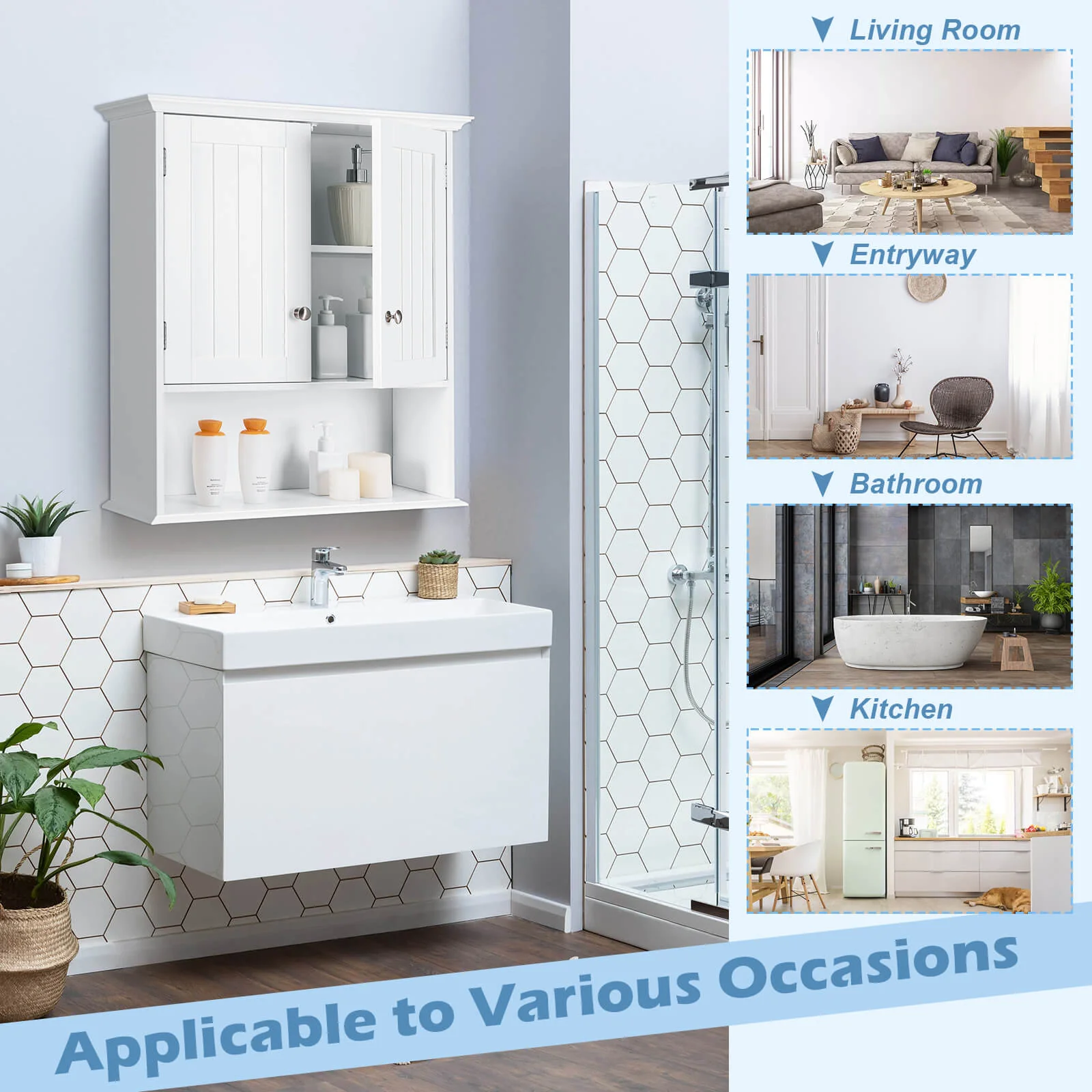 Wall Mount Bathroom Cabinet, With Doors and Shelves, White - Image 10