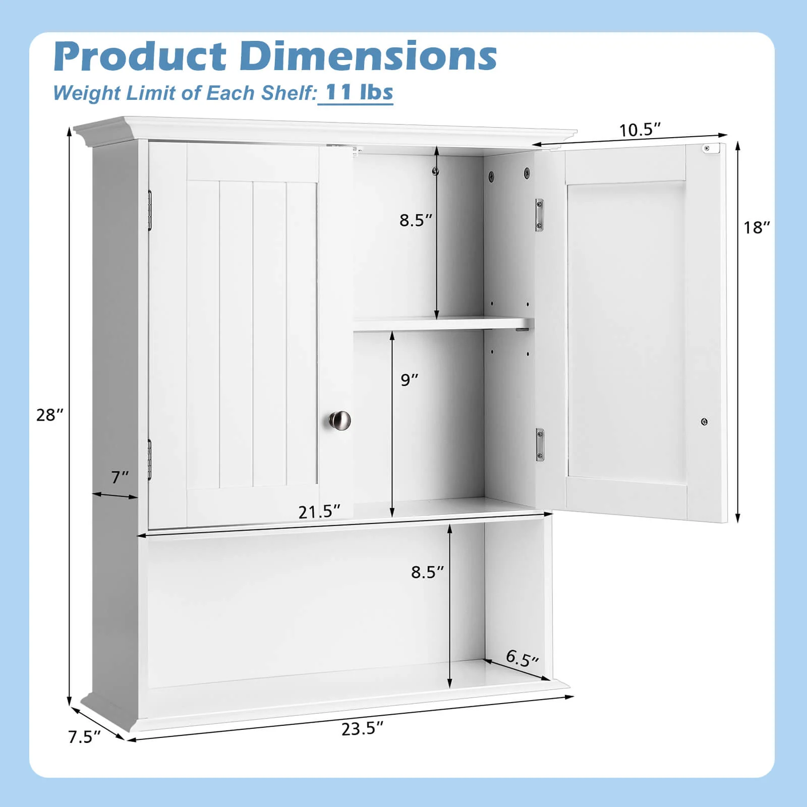 Wall Mount Bathroom Cabinet, With Doors and Shelves, White - Image 6