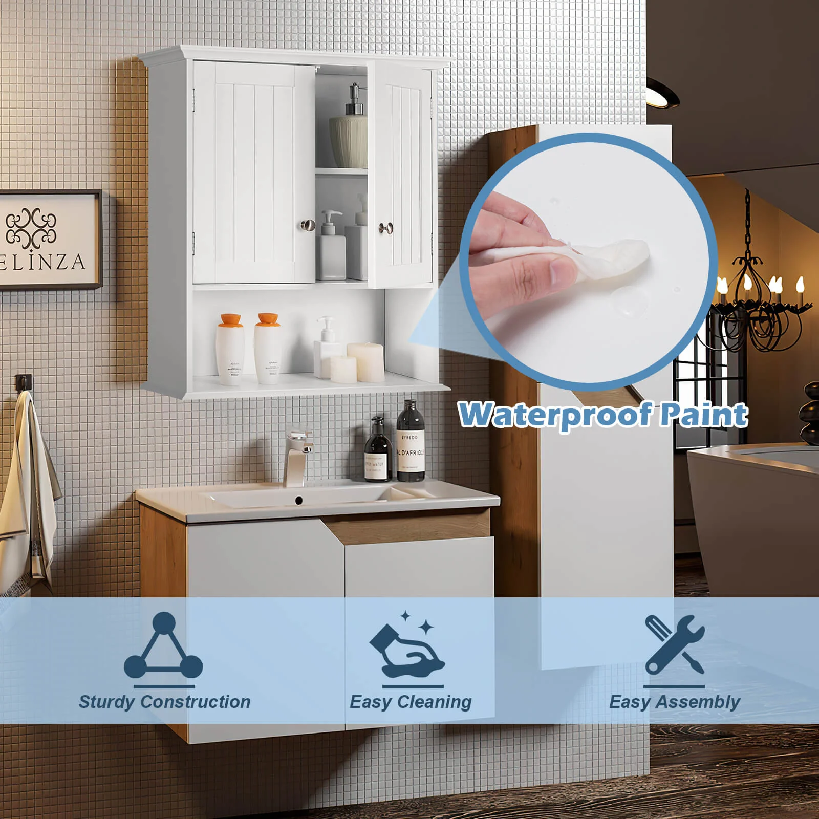 Wall Mount Bathroom Cabinet, With Doors and Shelves, White - Image 7