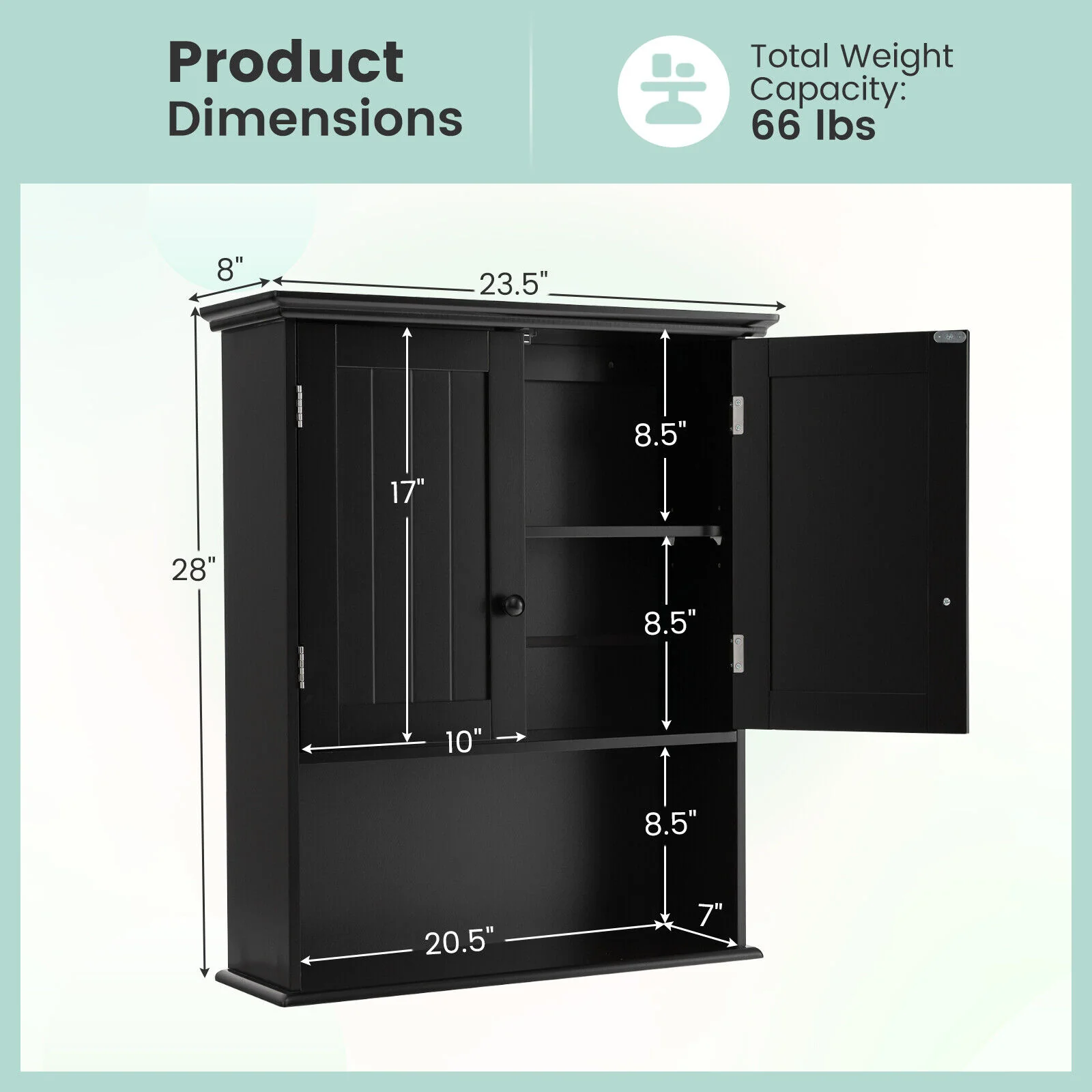 Wall Mount Bathroom Storage Cabinet, 2-Door, Black - Image 6