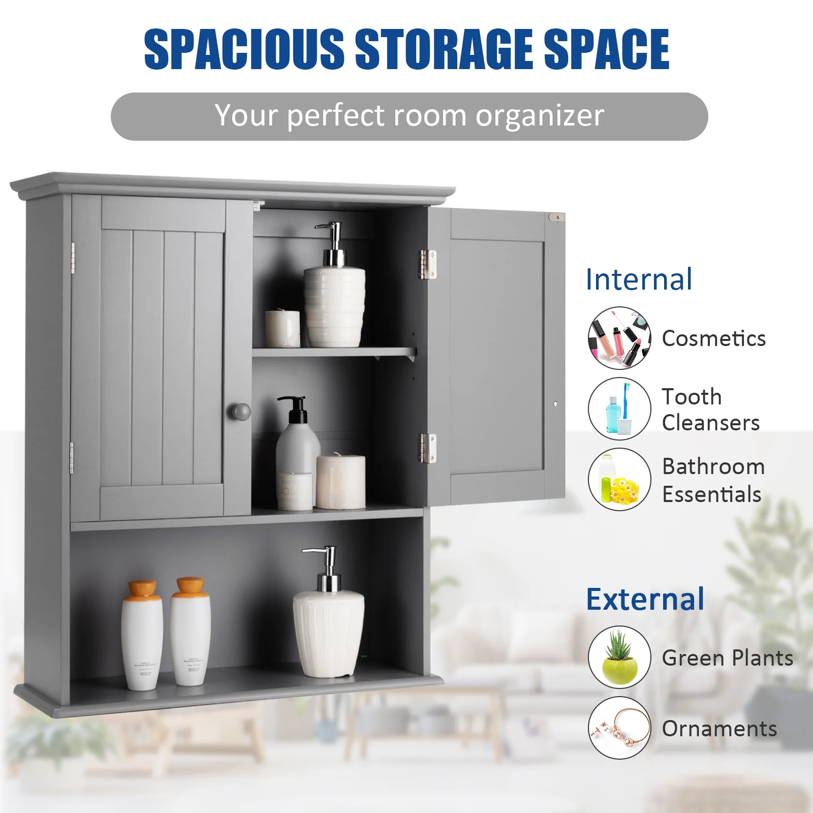 Wall Mount Bathroom Storage Cabinet, Gray - Image 3