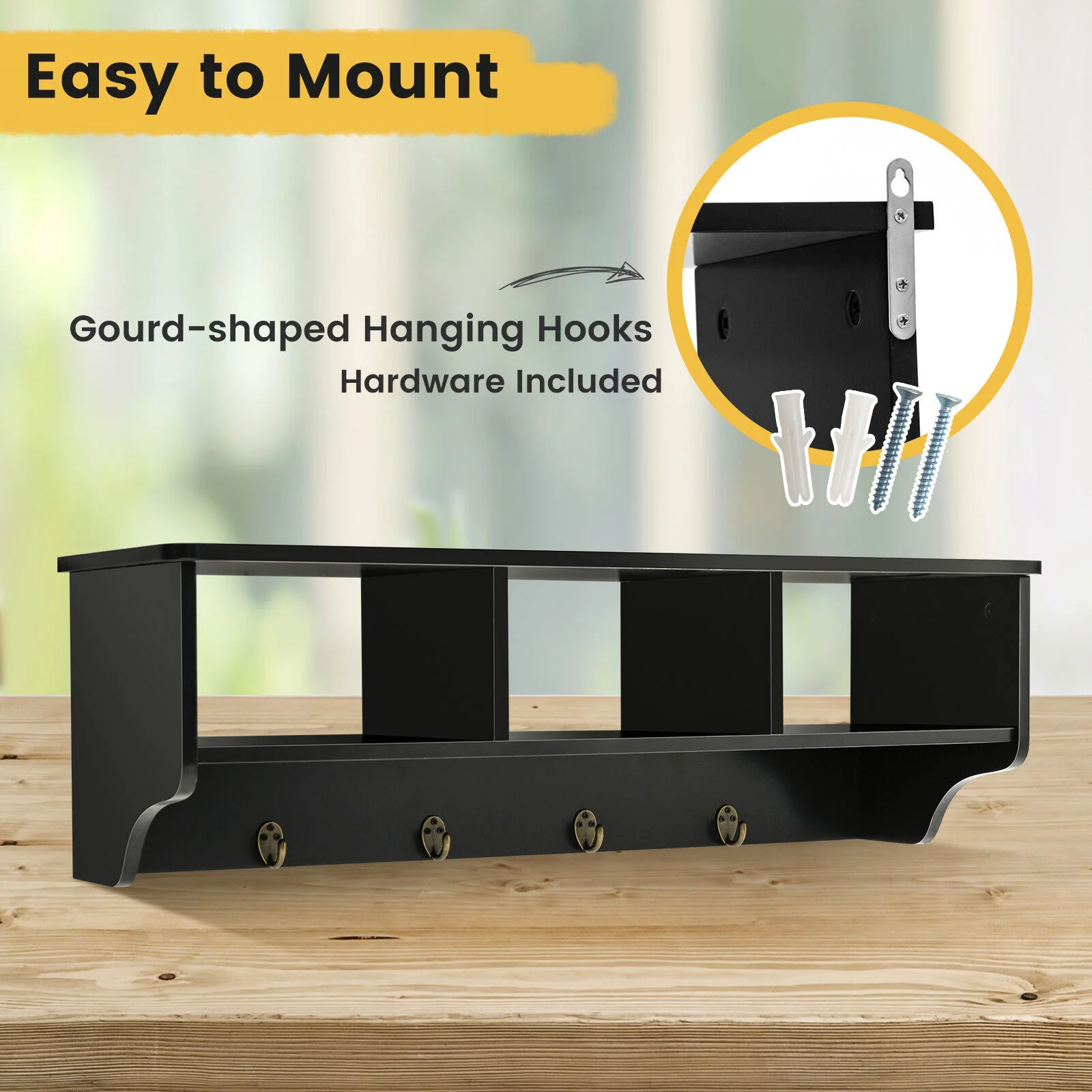 Wall Mount Cubby Organizer Hooks Entryway Storage Shelf, Black - Image 10