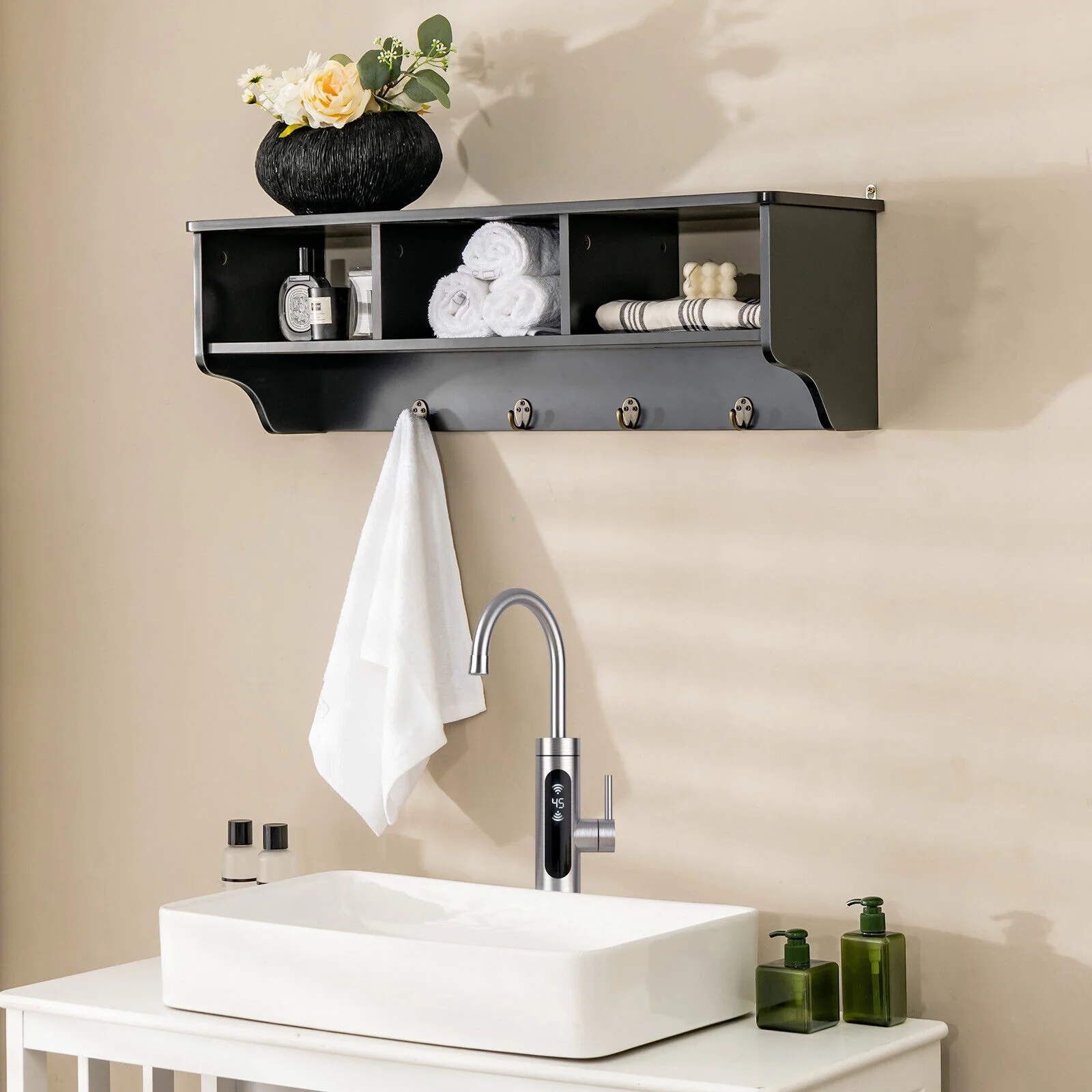 Wall Mount Cubby Organizer Hooks Entryway Storage Shelf, Black - Image 2