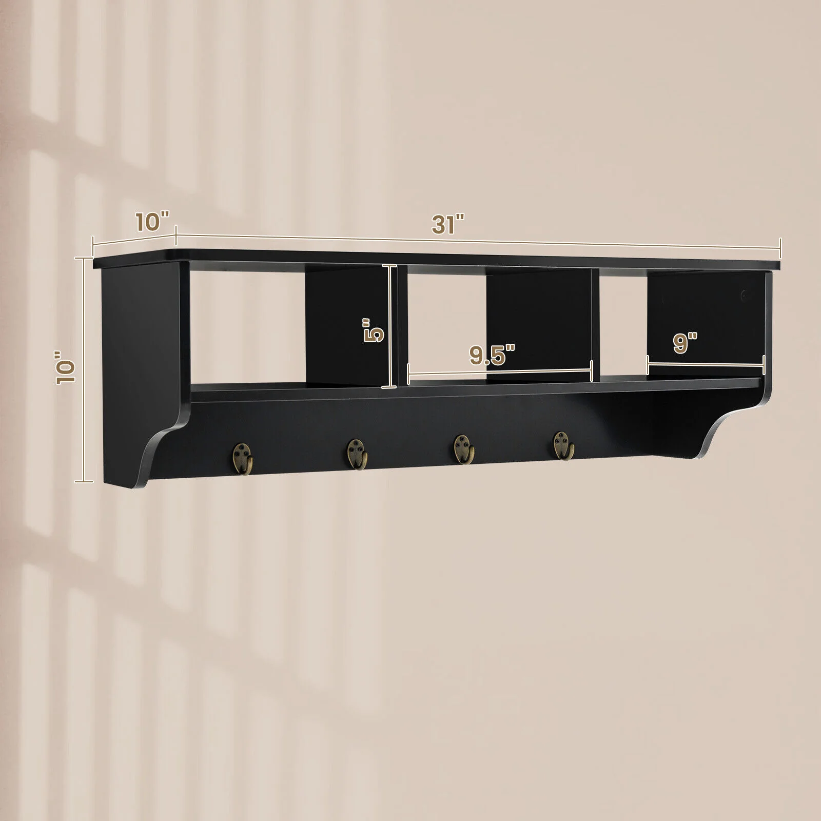 Wall Mount Cubby Organizer Hooks Entryway Storage Shelf, Black - Image 5