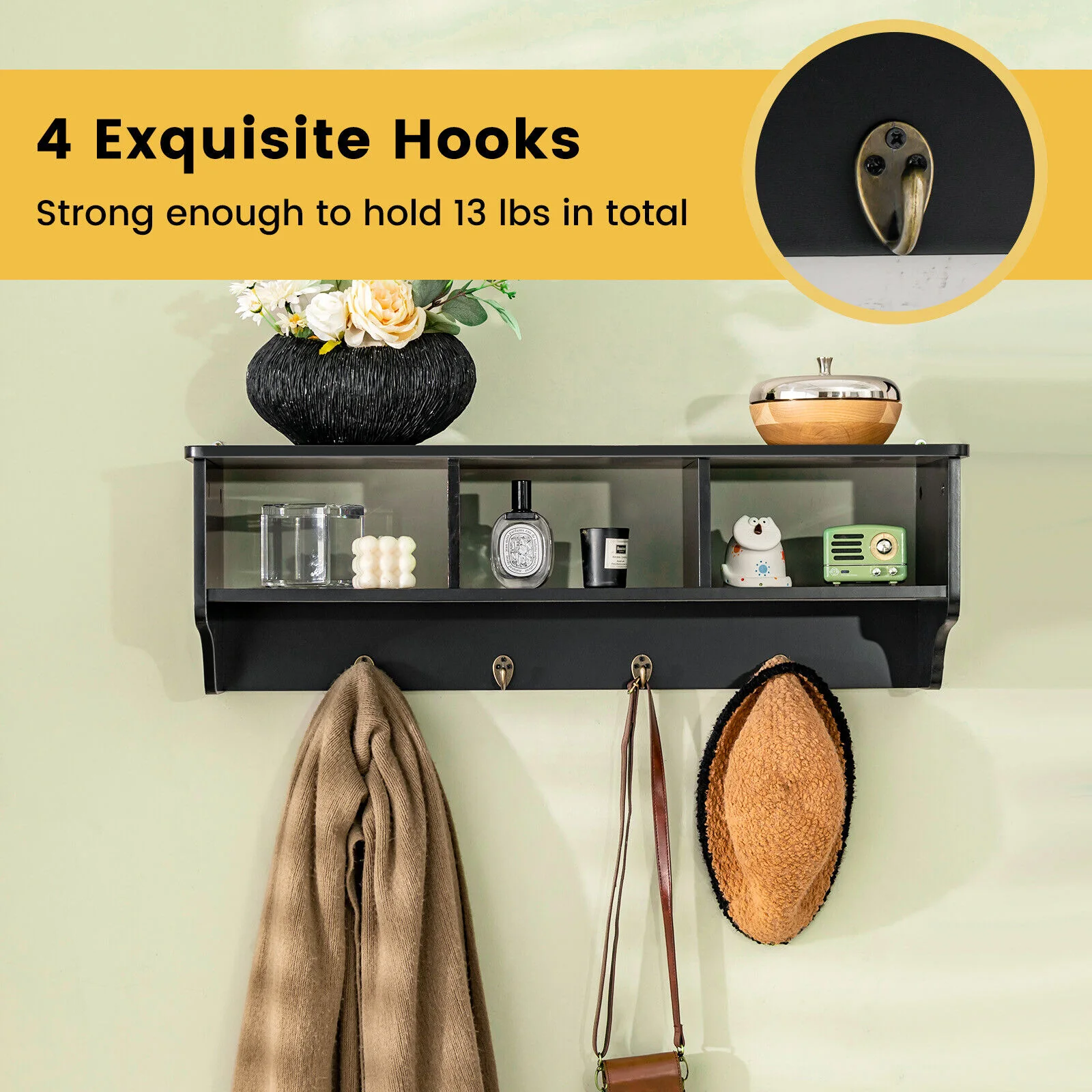 Wall Mount Cubby Organizer Hooks Entryway Storage Shelf, Black - Image 6