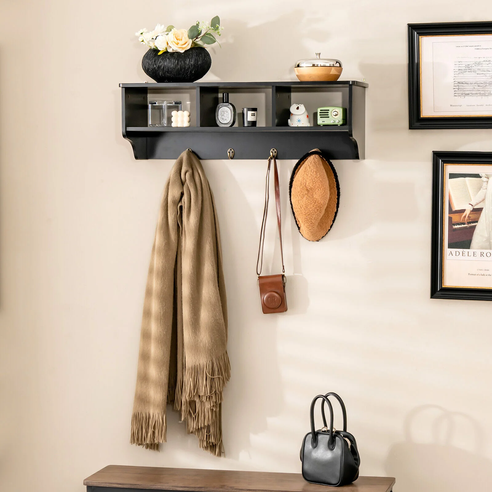 Wall Mount Cubby Organizer Hooks Entryway Storage Shelf, Black - Image 7