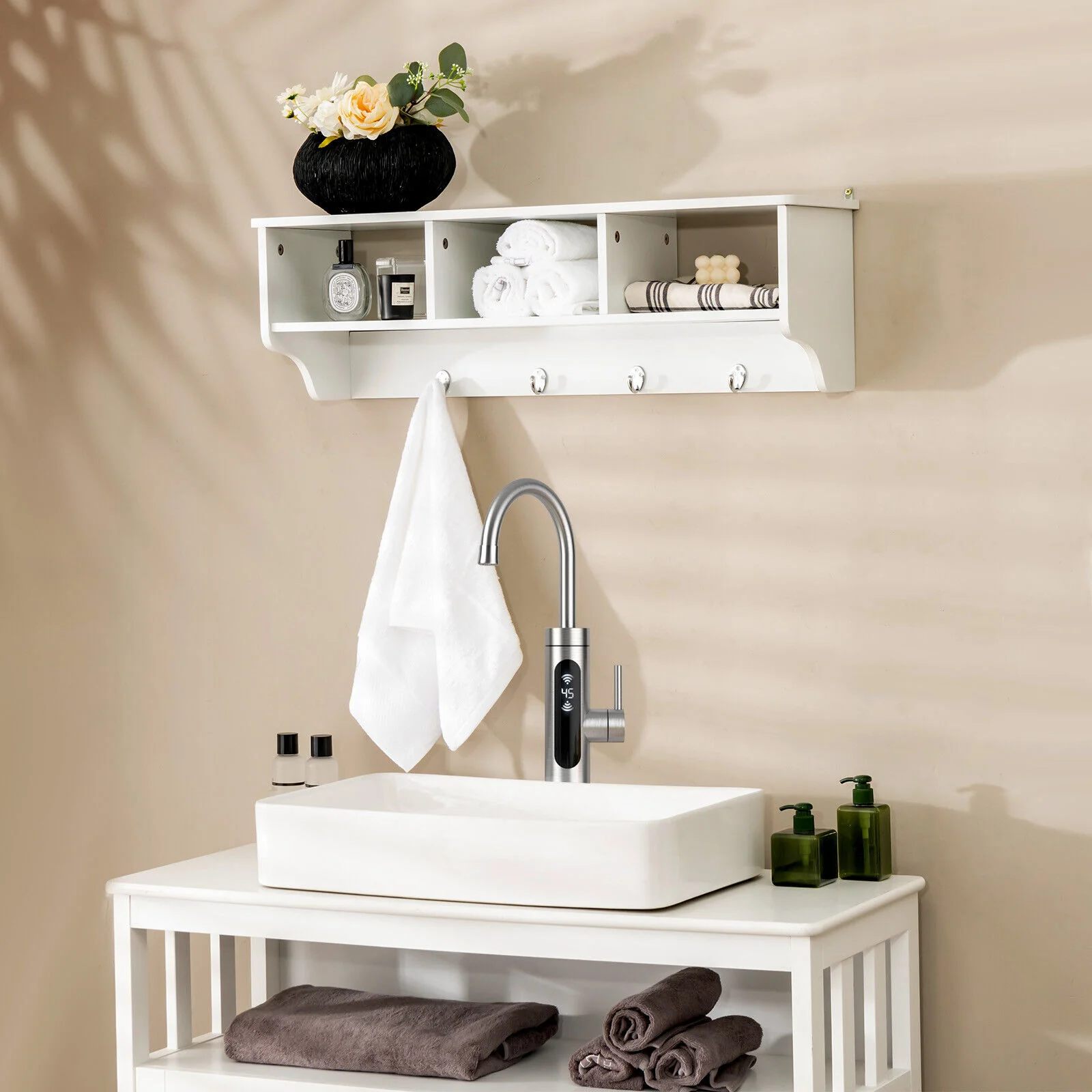 Wall Mount Cubby Organizer Hooks Entryway Storage Shelf, White - Image 2