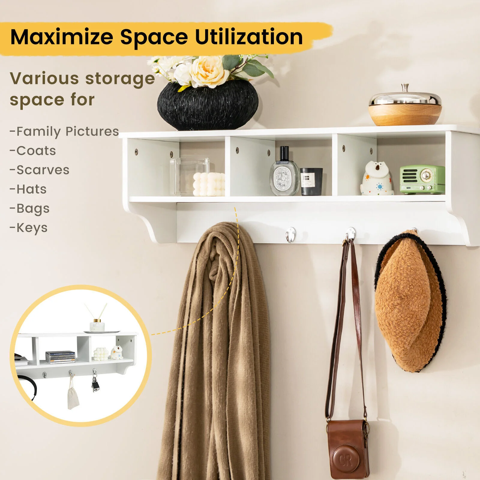 Wall Mount Cubby Organizer Hooks Entryway Storage Shelf, White - Image 3