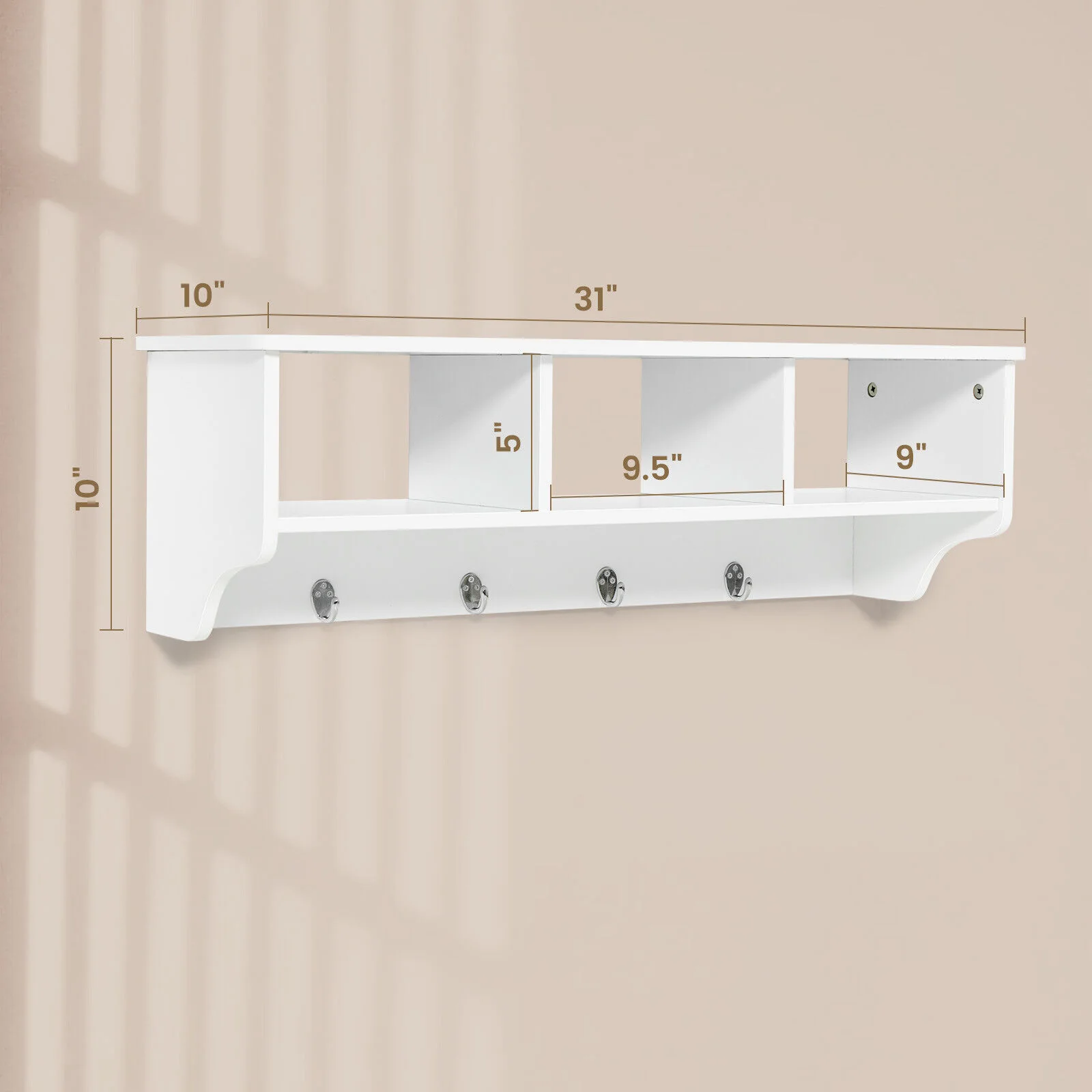 Wall Mount Cubby Organizer Hooks Entryway Storage Shelf, White - Image 5