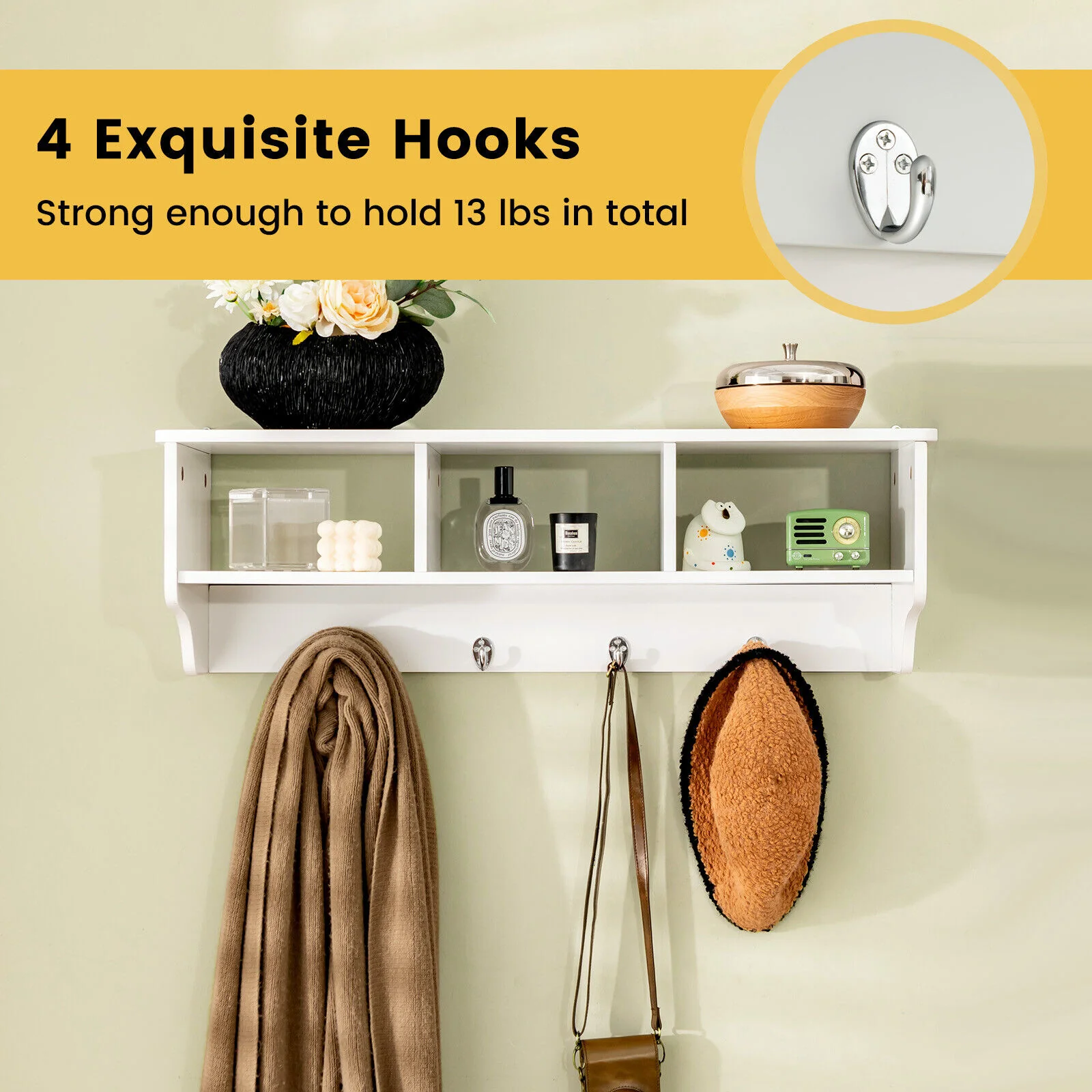 Wall Mount Cubby Organizer Hooks Entryway Storage Shelf, White - Image 6