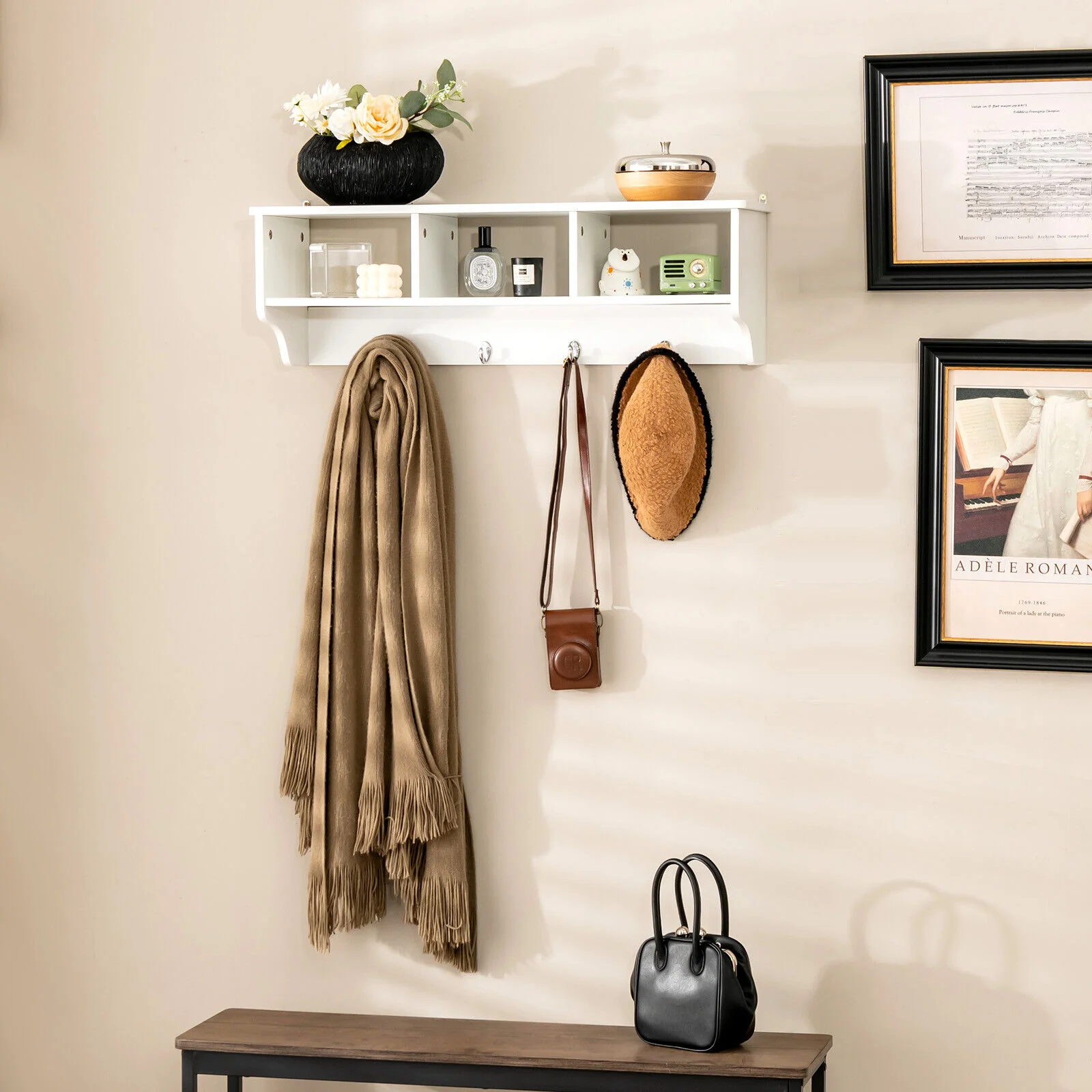 Wall Mount Cubby Organizer Hooks Entryway Storage Shelf, White - Image 8