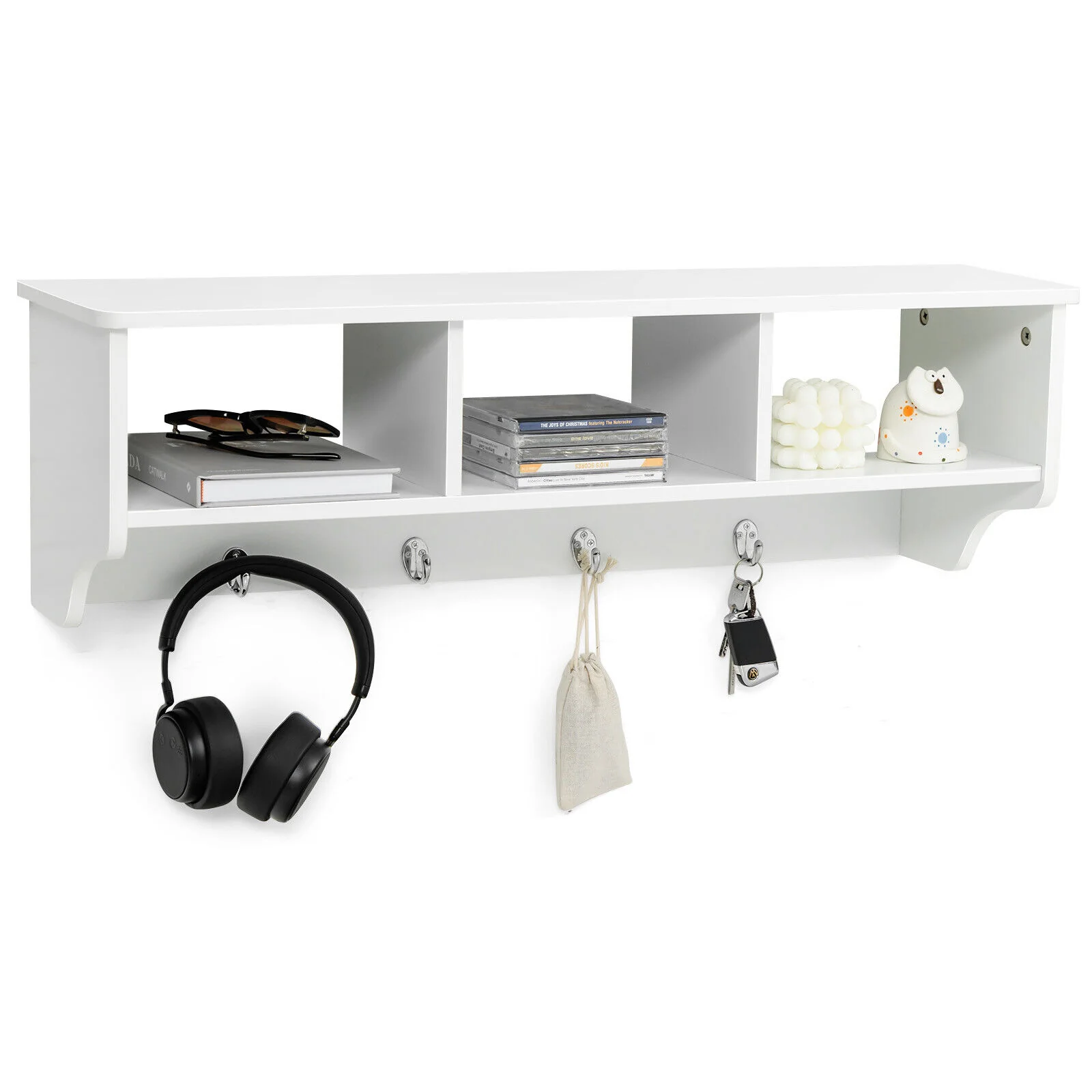 Wall Mount Cubby Organizer Hooks Entryway Storage Shelf, White - Image 9