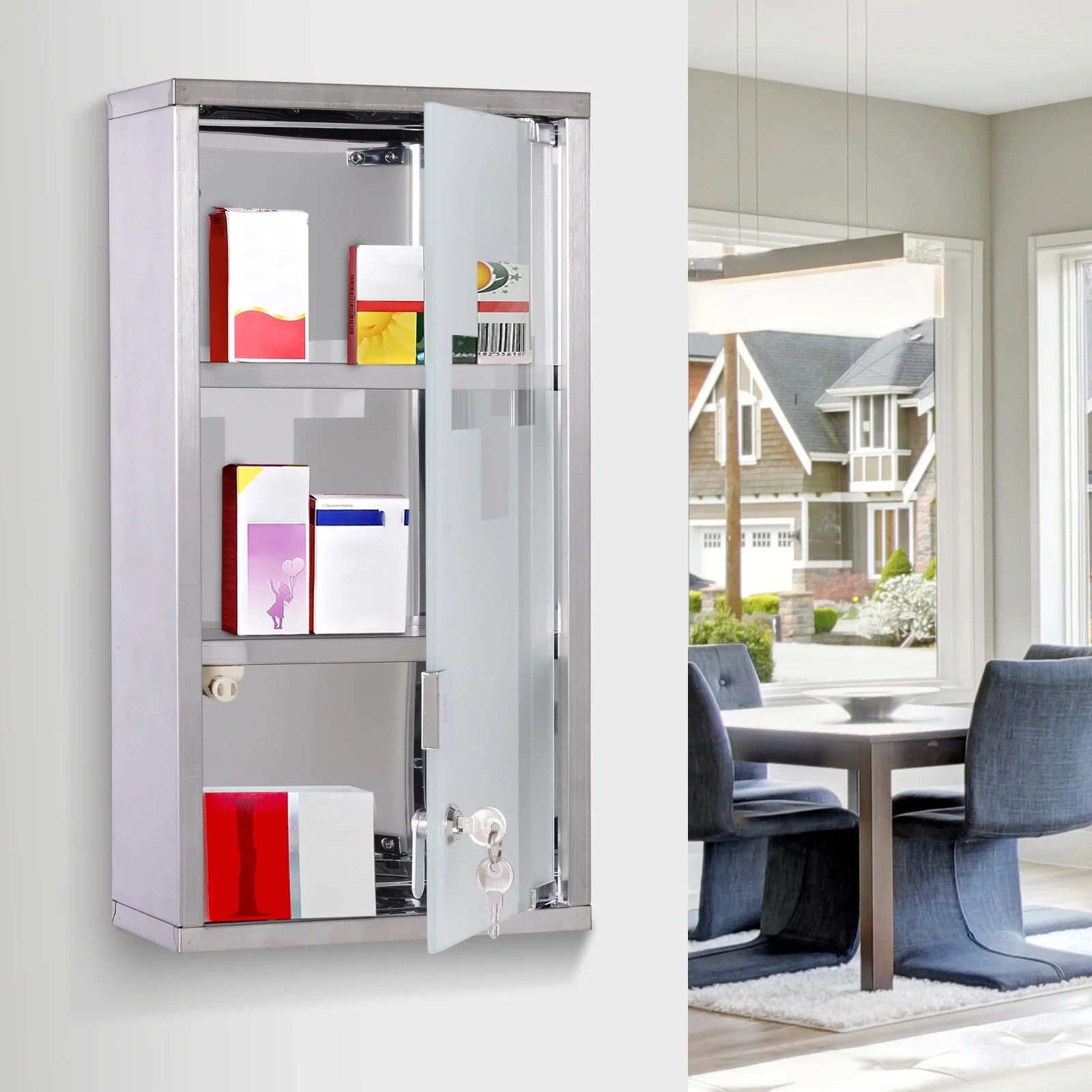 Wall Mount Medicine Cabinet, 2 Shelves, Steel Frame, Glass Door, Lockable, Stainless - Image 2