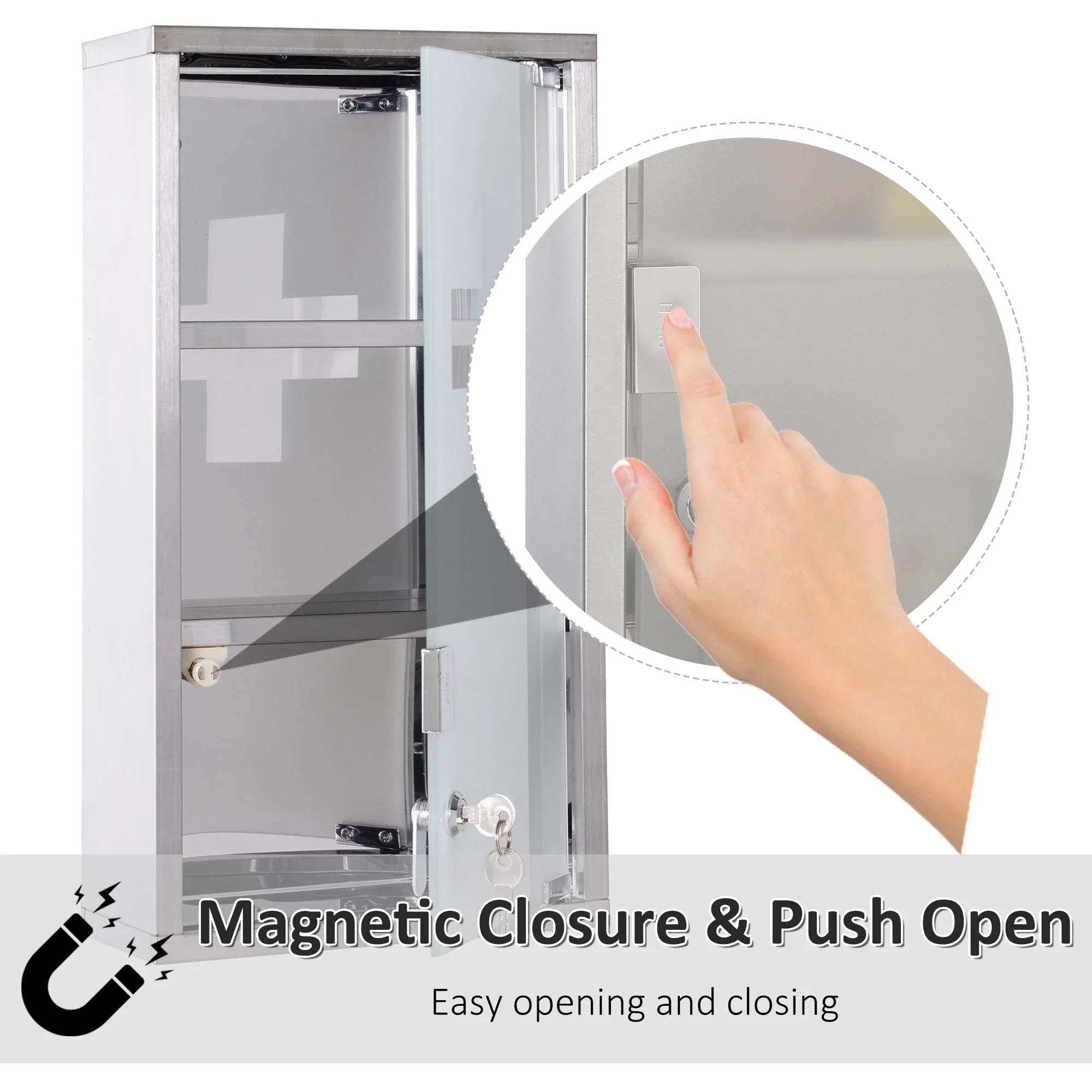 Wall Mount Medicine Cabinet, 2 Shelves, Steel Frame, Glass Door, Lockable, Stainless - Image 4