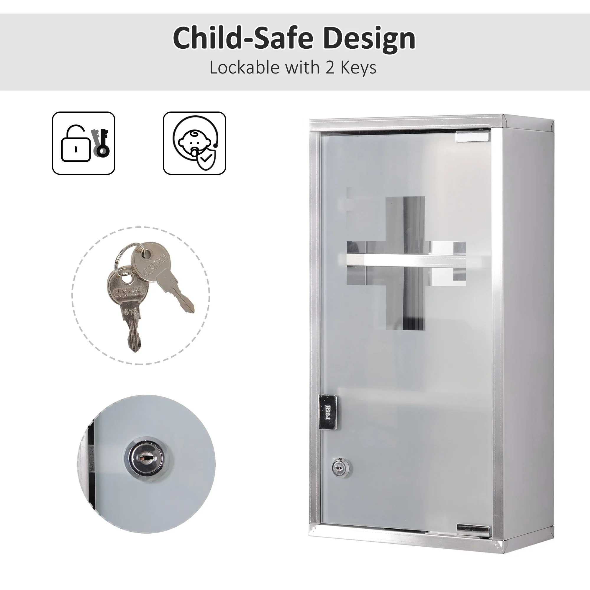 Wall Mount Medicine Cabinet, 2 Shelves, Steel Frame, Glass Door, Lockable, Stainless - Image 5