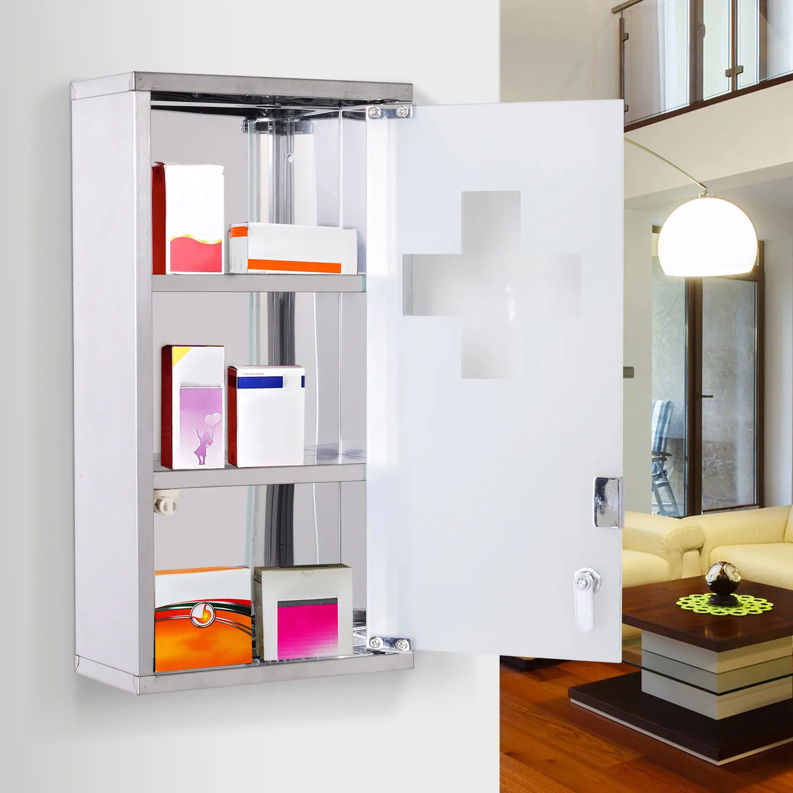 Wall Mount Medicine Cabinet, 2 Shelves, Steel Frame, Glass Door, Lockable, Stainless - Image 8