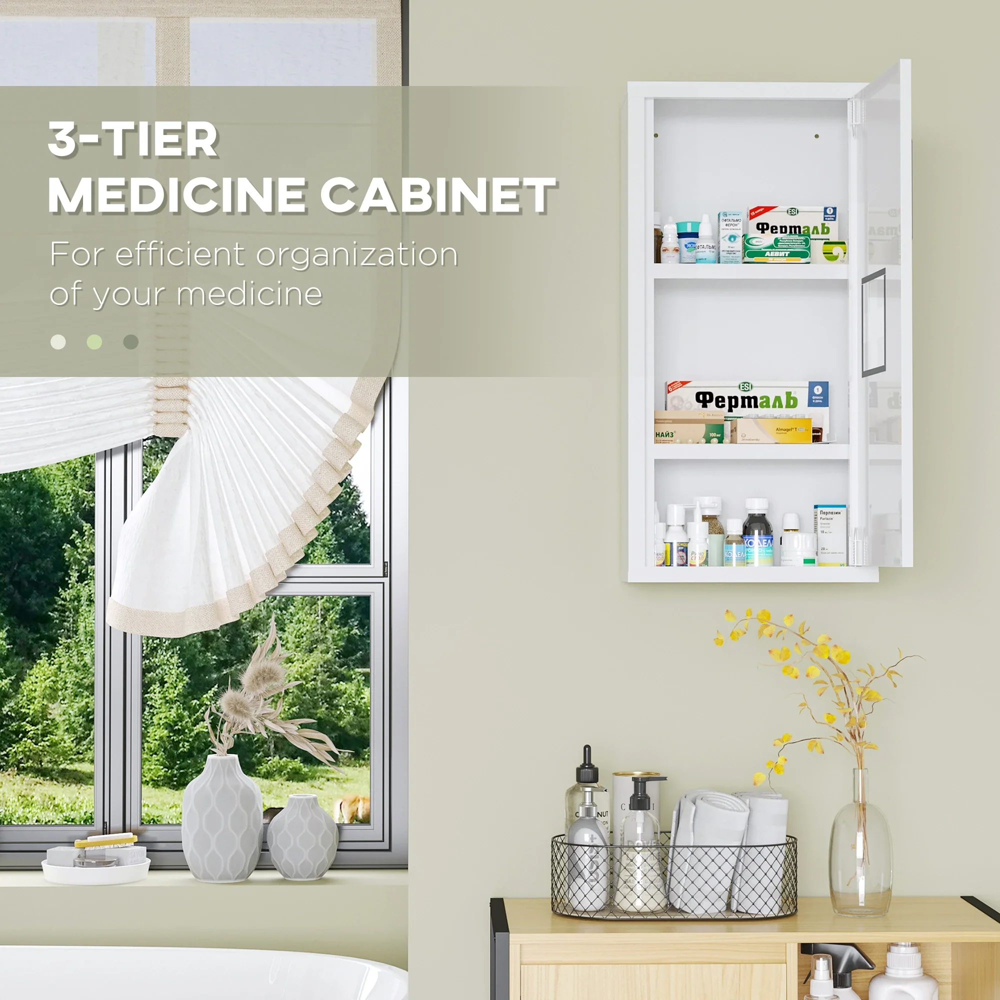 Wall Mount Medicine Cabinet, 2 Shelves, Steel Frame, Magnetic Door, White - Image 4