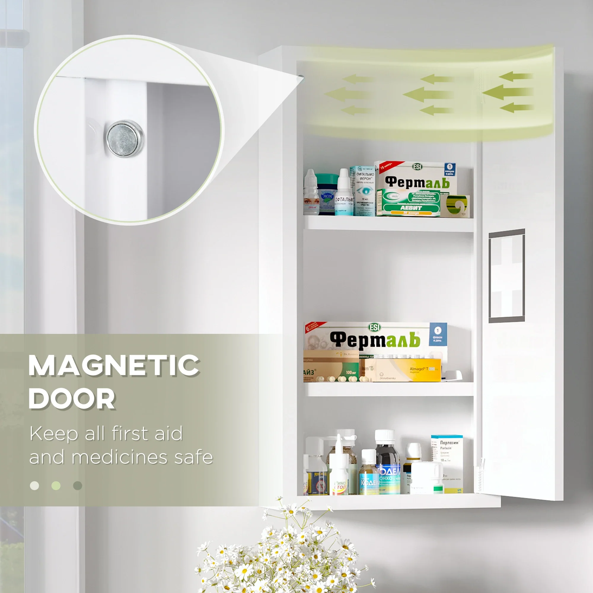 Wall Mount Medicine Cabinet, 2 Shelves, Steel Frame, Magnetic Door, White - Image 6
