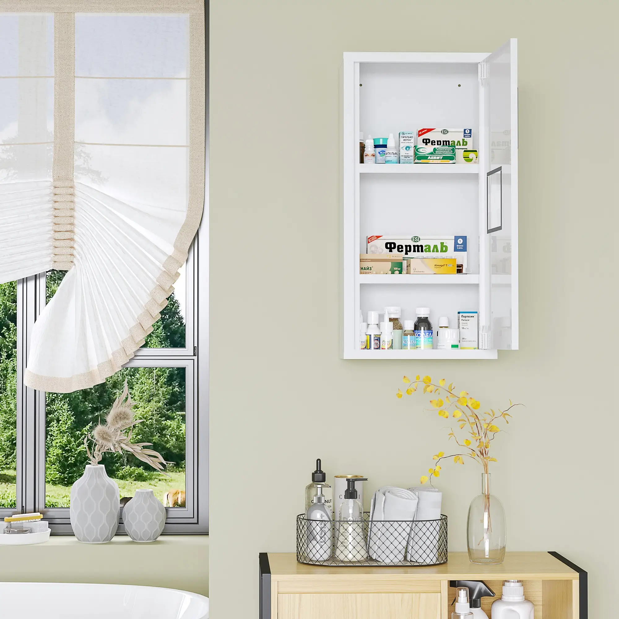 Wall Mount Medicine Cabinet, 2 Shelves, Steel Frame, Magnetic Door, White - Image 8