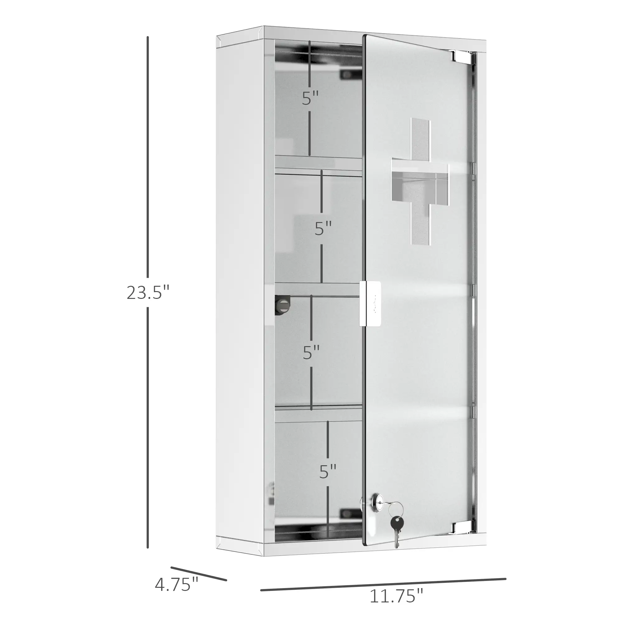 Wall Mount Medicine Cabinet, 4 Tier Shelves, Stainless Steel Frame, Glass Door, Lockable, 12" x 23.5", Silver - Image 3