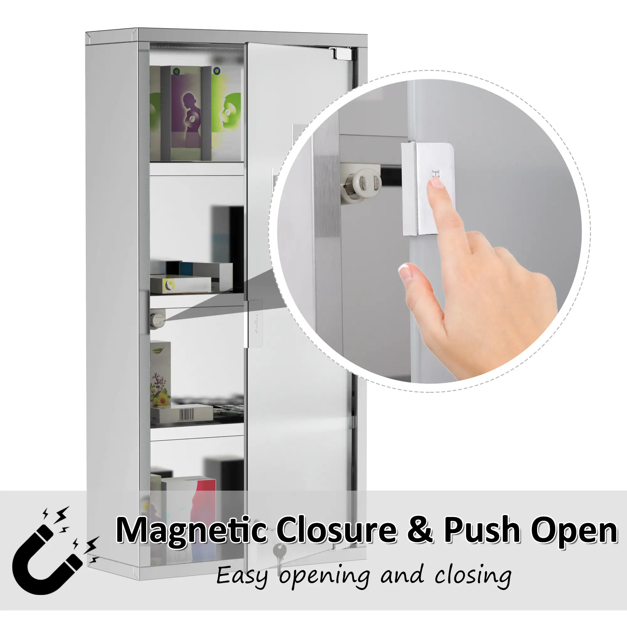 Wall Mount Medicine Cabinet, 4 Tier Shelves, Stainless Steel Frame, Glass Door, Lockable, 12" x 23.5", Silver - Image 4