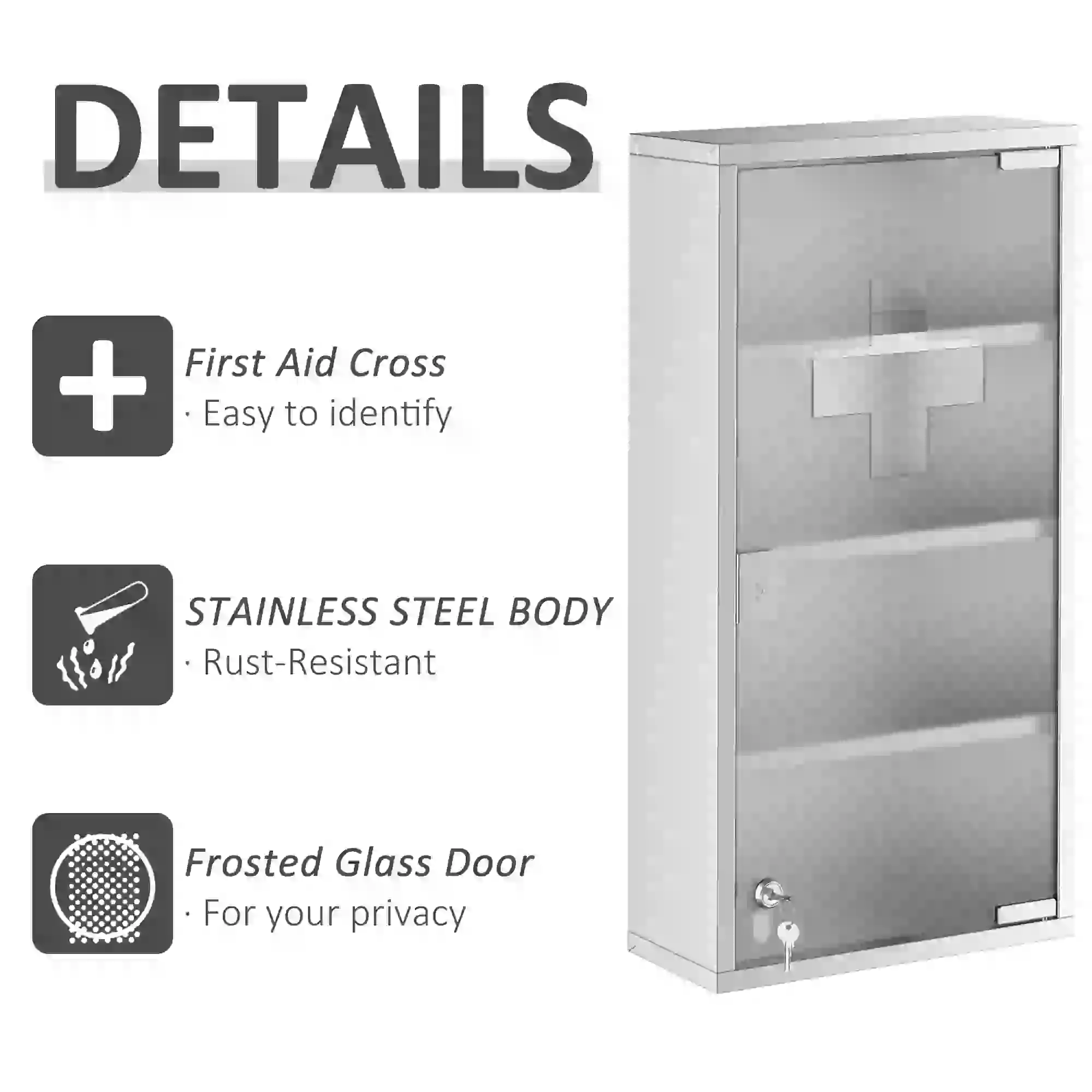 Wall Mount Medicine Cabinet, 4 Tier Shelves, Stainless Steel Frame, Glass Door, Lockable, 12" x 23.5", Silver - Image 6