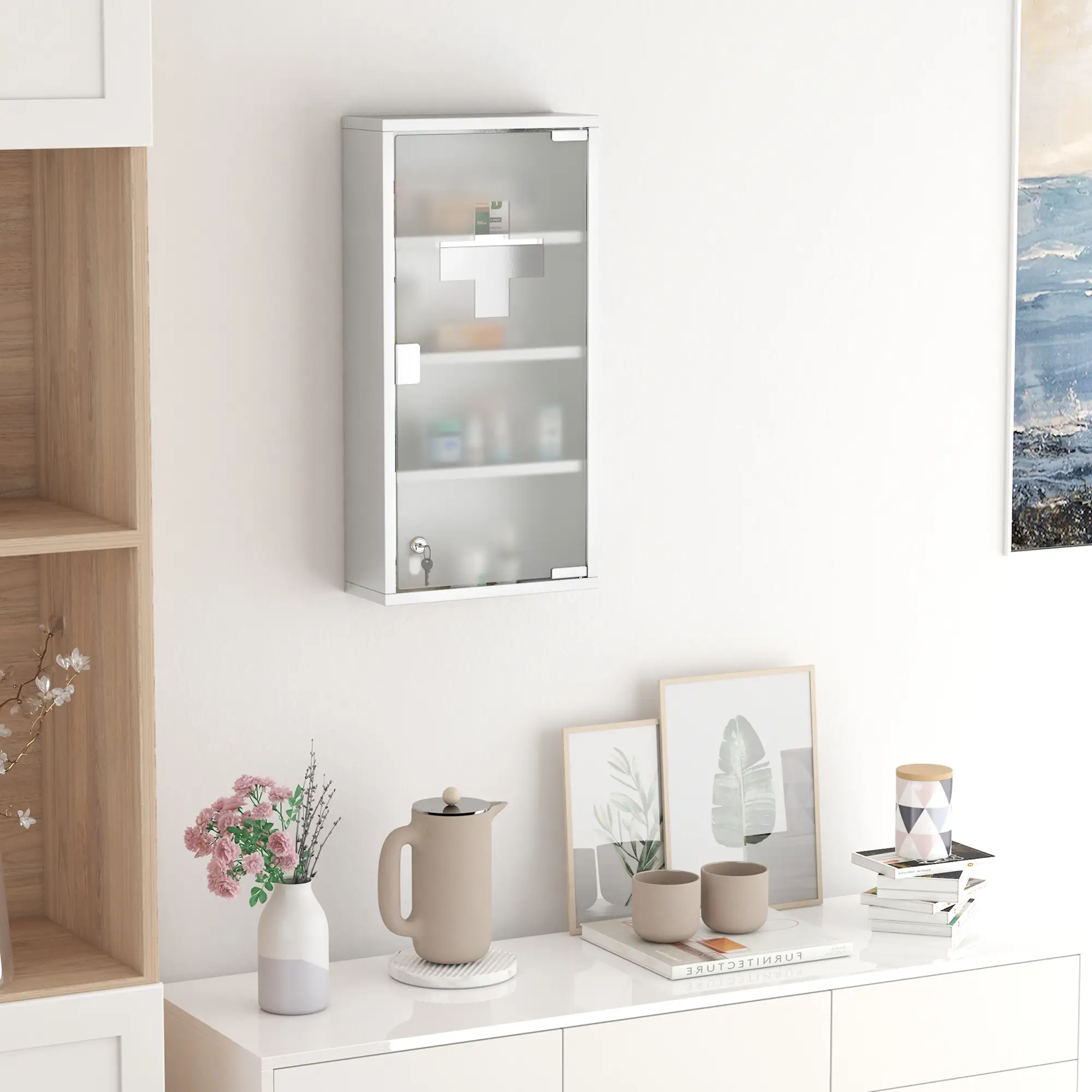 Wall Mount Medicine Cabinet, 4 Tier Shelves, Stainless Steel Frame, Glass Door, Lockable, 12" x 23.5", Silver - Image 8