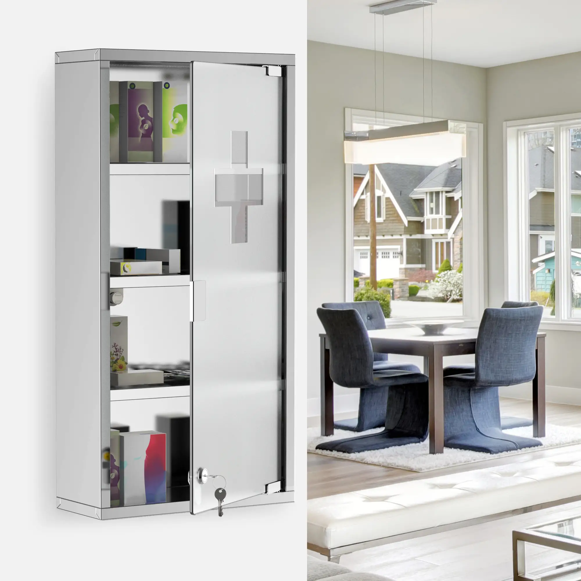 Wall Mount Medicine Cabinet, 4 Tier Shelves, Stainless Steel Frame, Glass Door, Lockable, 12" x 23.5", Silver - Image 9