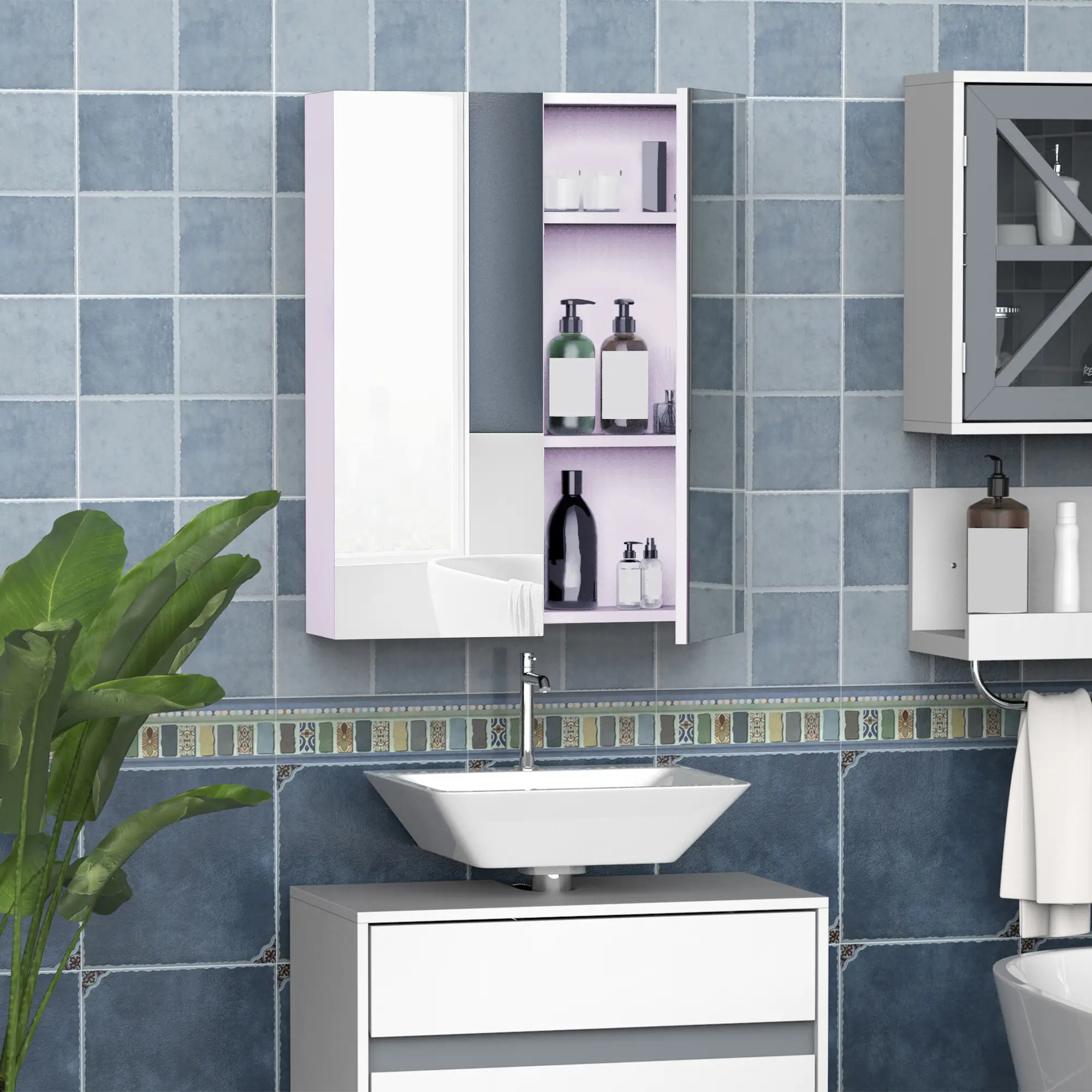 Wall Mount Medicine Cabinet with Mirror, Adjustable Shelf, Double Door, Soft Closing, 23.5" x 29.5", Light Lilac - Image 2
