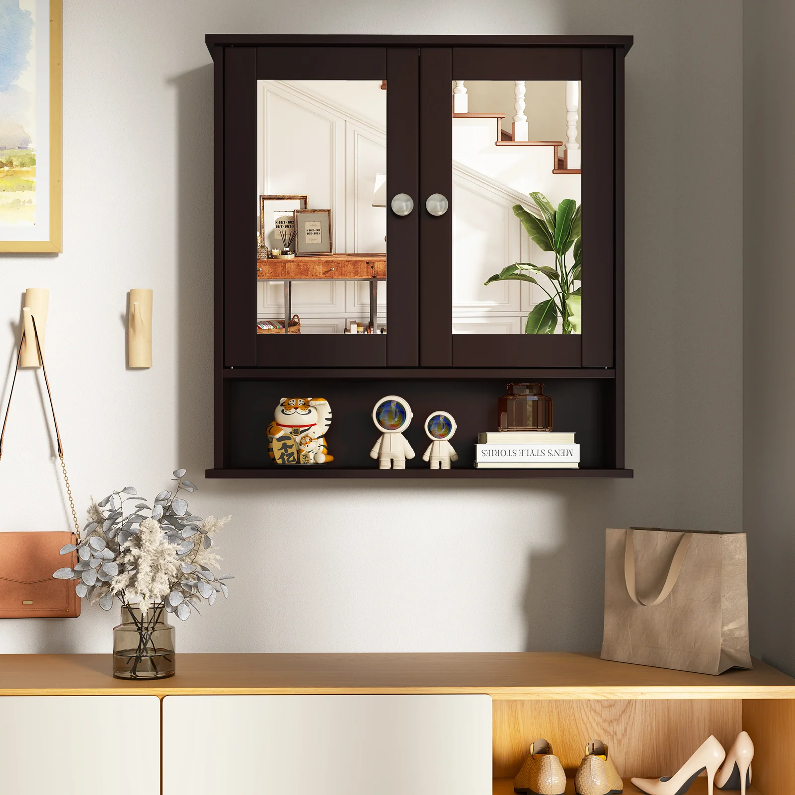 Wall Mount Mirror Cabinet, Brown - Image 3
