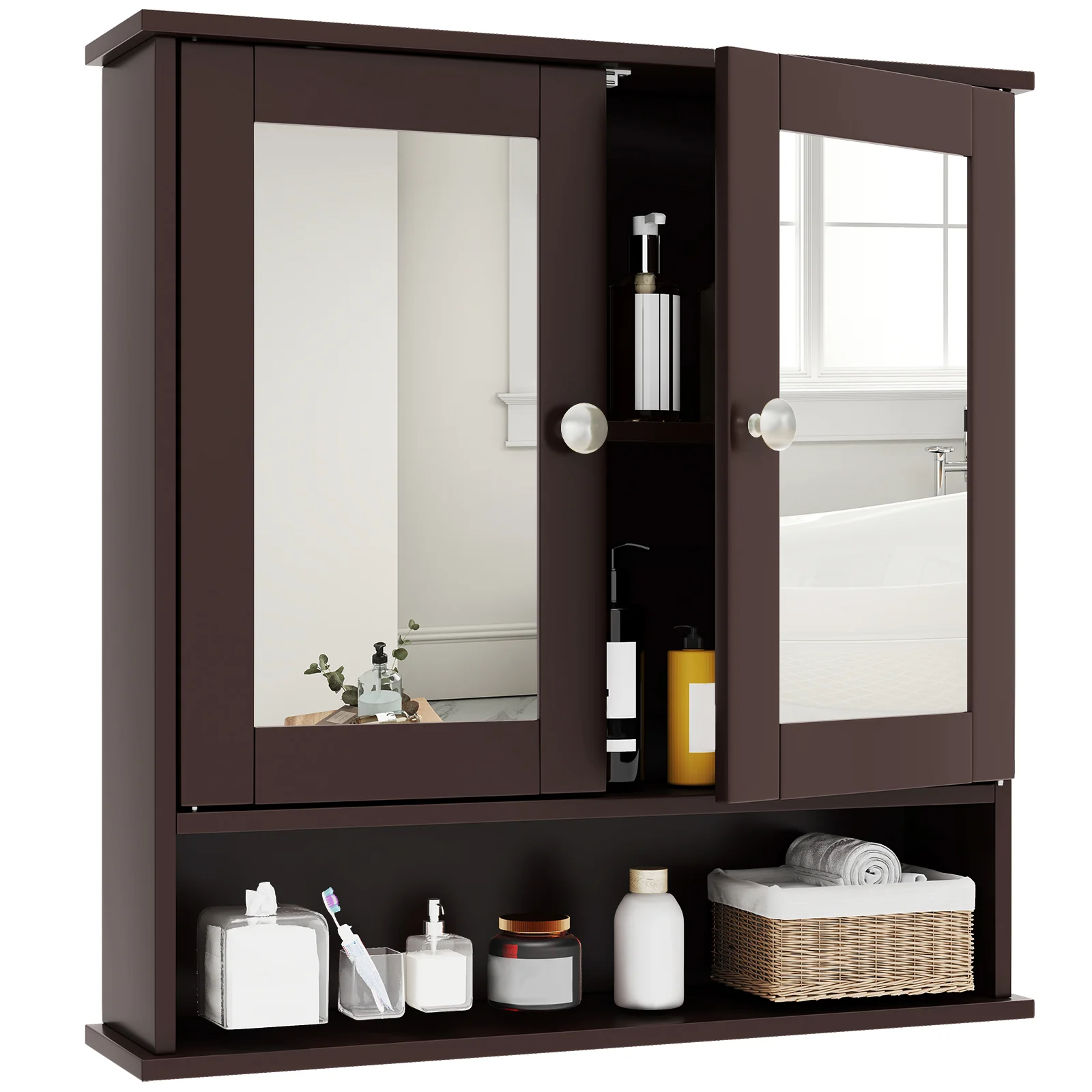 Wall Mount Mirror Cabinet, Brown - Image 4