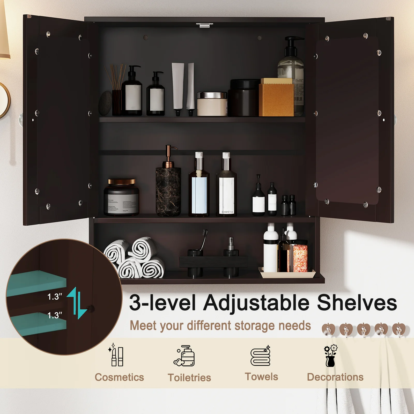 Wall Mount Mirror Cabinet, Brown - Image 7