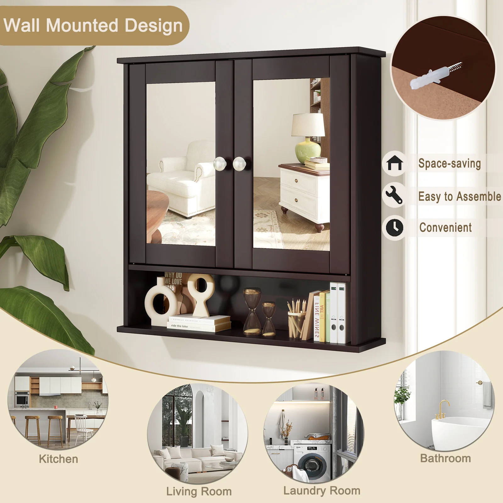 Wall Mount Mirror Cabinet, Brown - Image 8