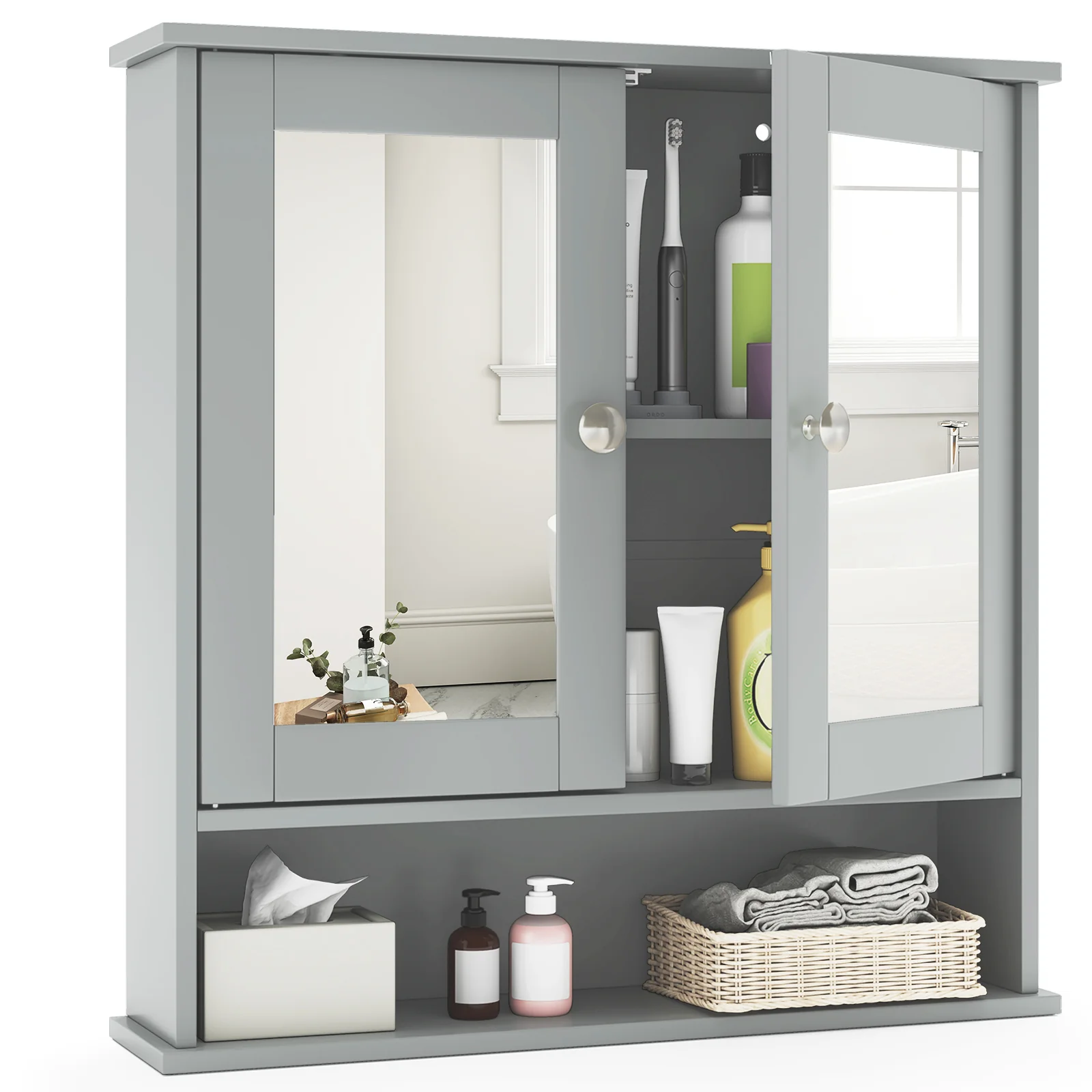 Wall Mount Mirror Cabinet, Gray