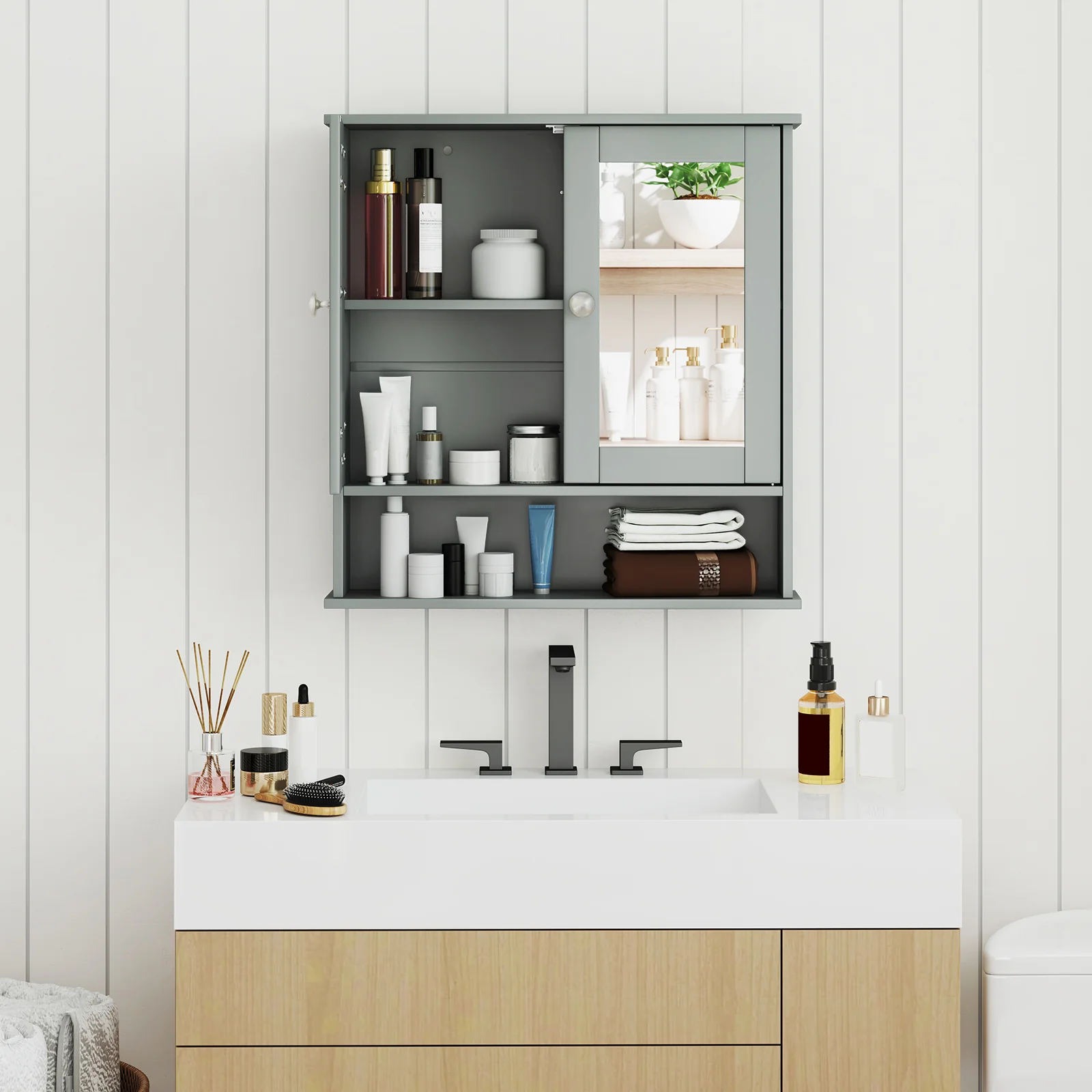 Wall Mount Mirror Cabinet, Gray - Image 2