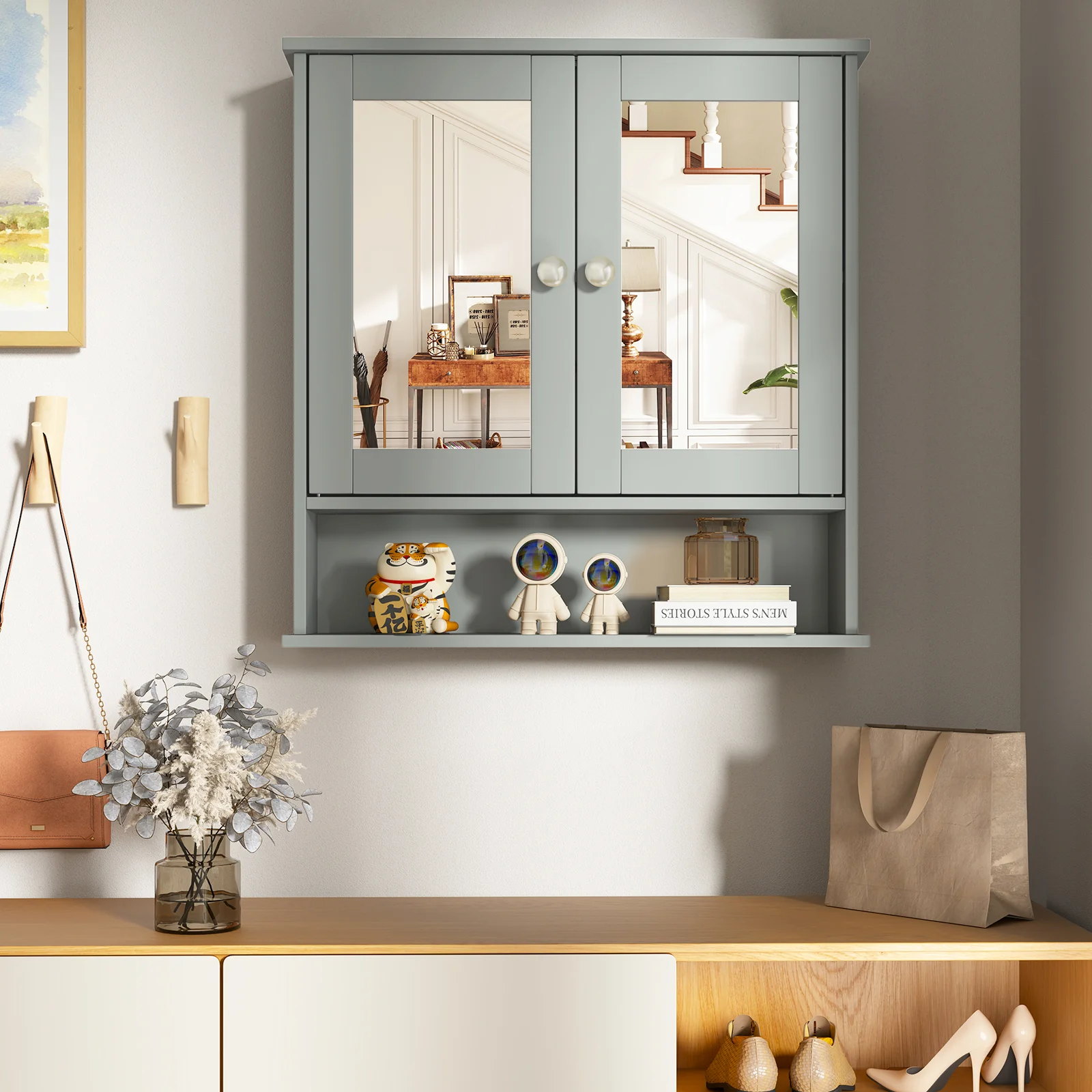 Wall Mount Mirror Cabinet, Gray - Image 3