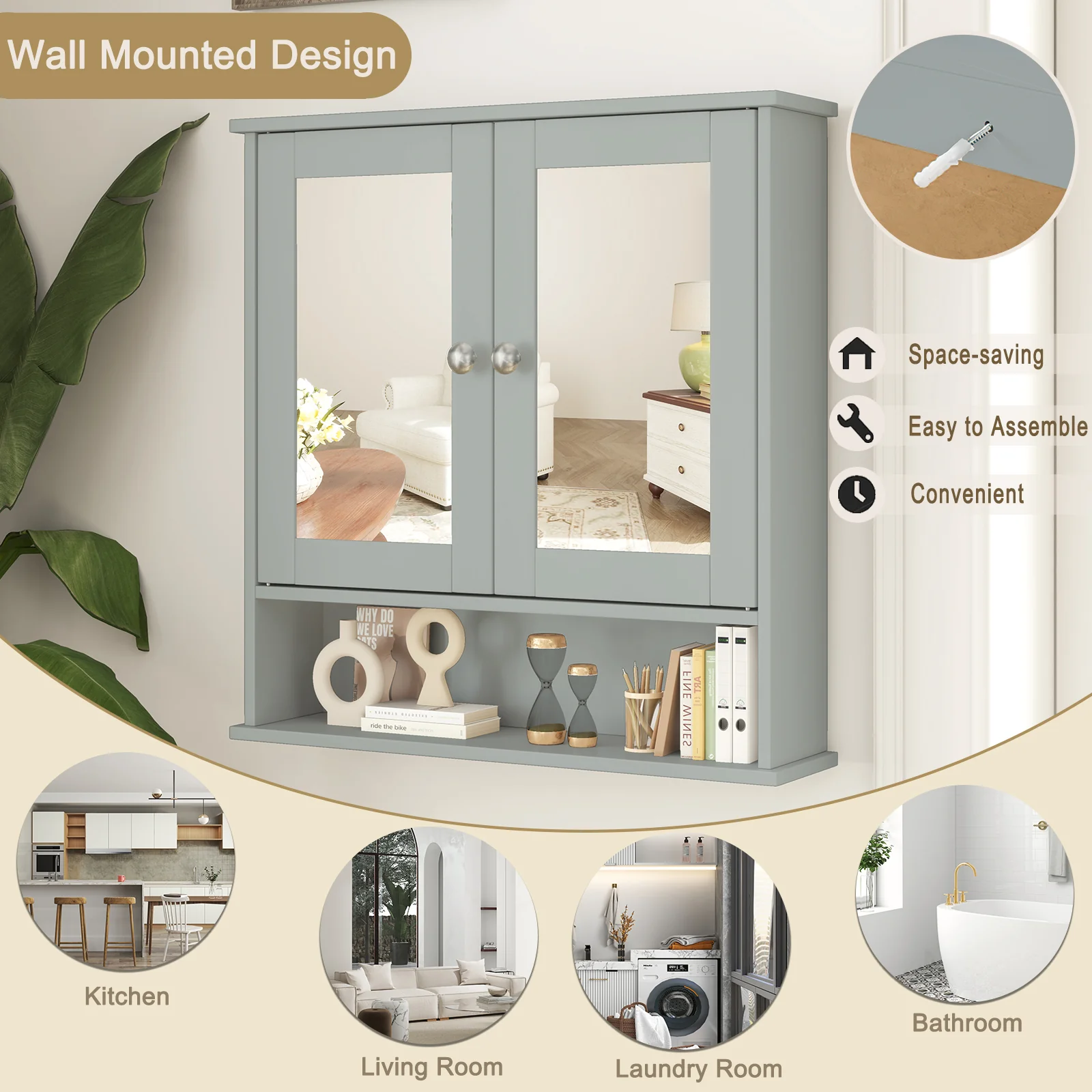 Wall Mount Mirror Cabinet, Gray - Image 8