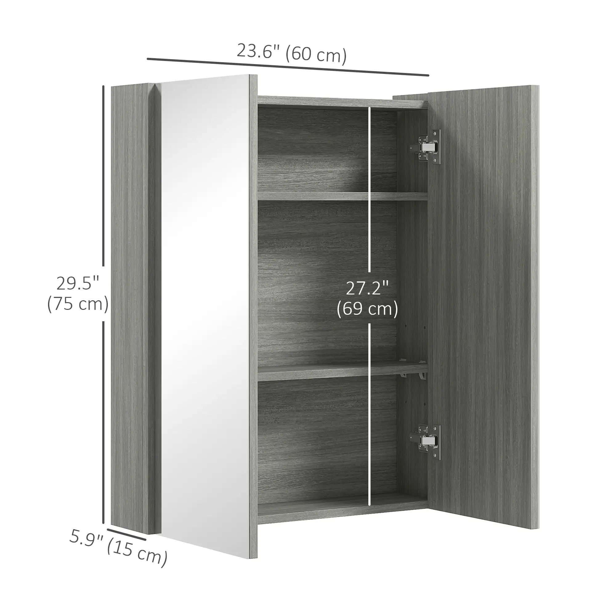 Wall Mount Mirrored Medicine Cabinet, Adjustable Shelf, Double Soft Closing Doors, Grey - Image 3