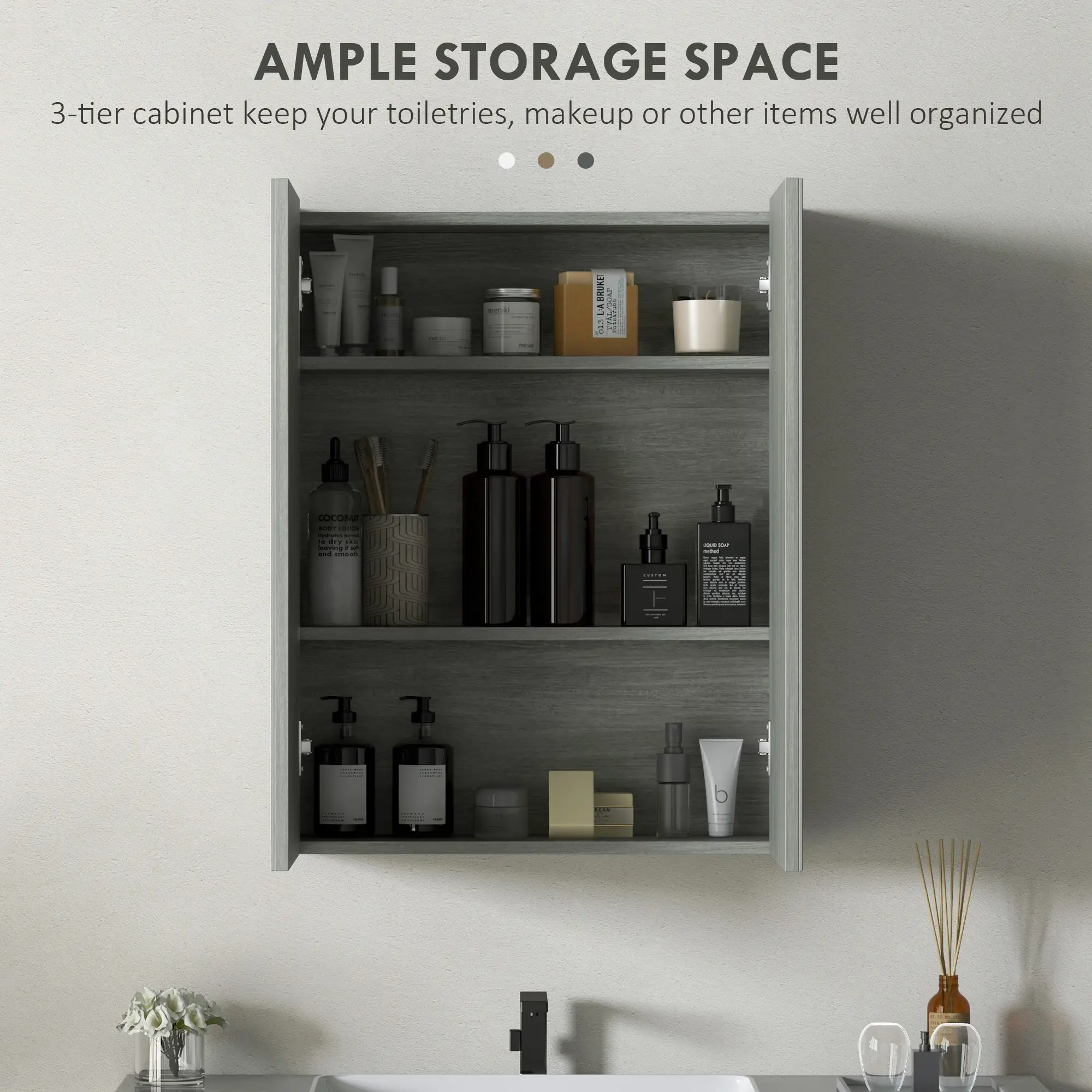 Wall Mount Mirrored Medicine Cabinet, Adjustable Shelf, Double Soft Closing Doors, Grey - Image 4
