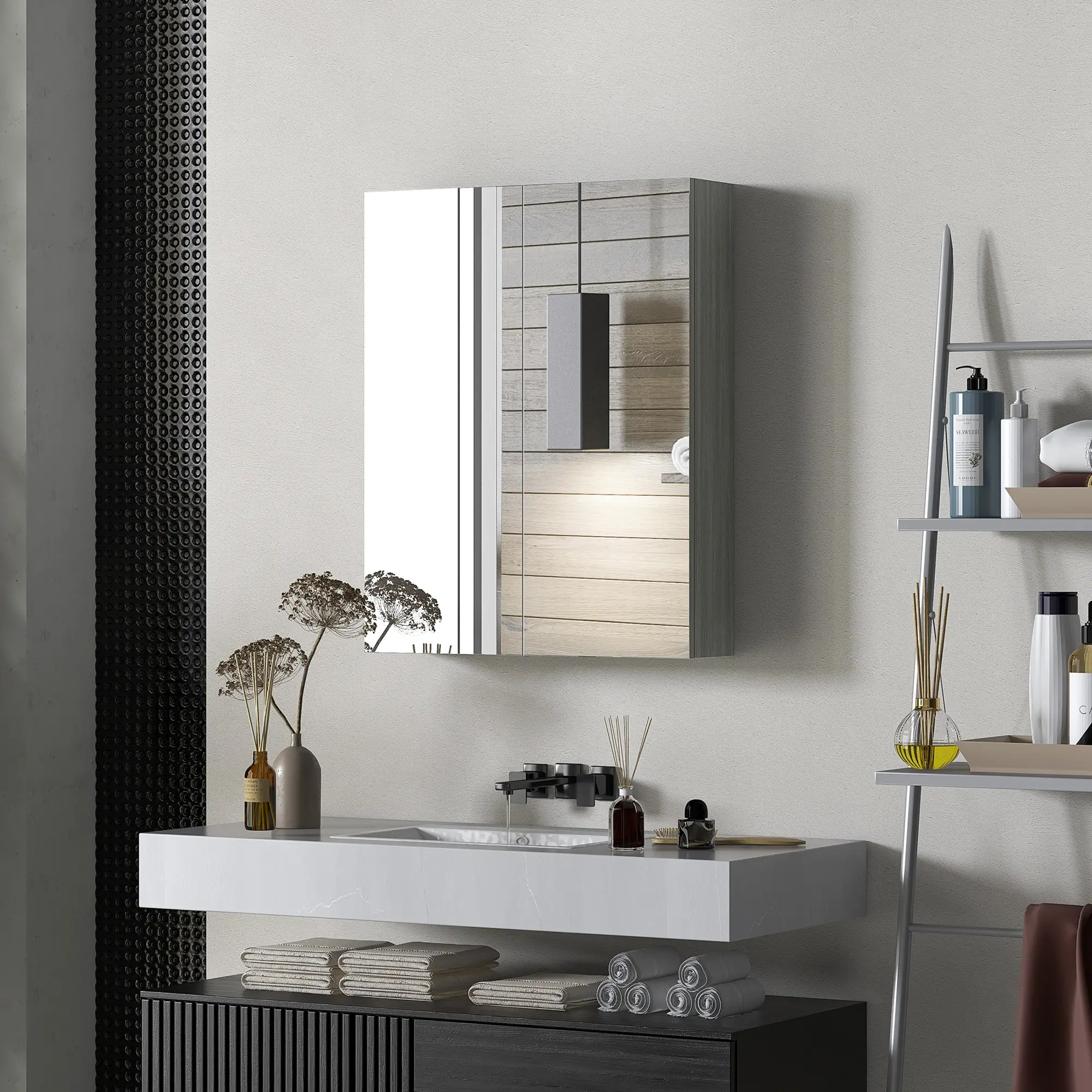 Wall Mount Mirrored Medicine Cabinet, Adjustable Shelf, Double Soft Closing Doors, Grey - Image 8
