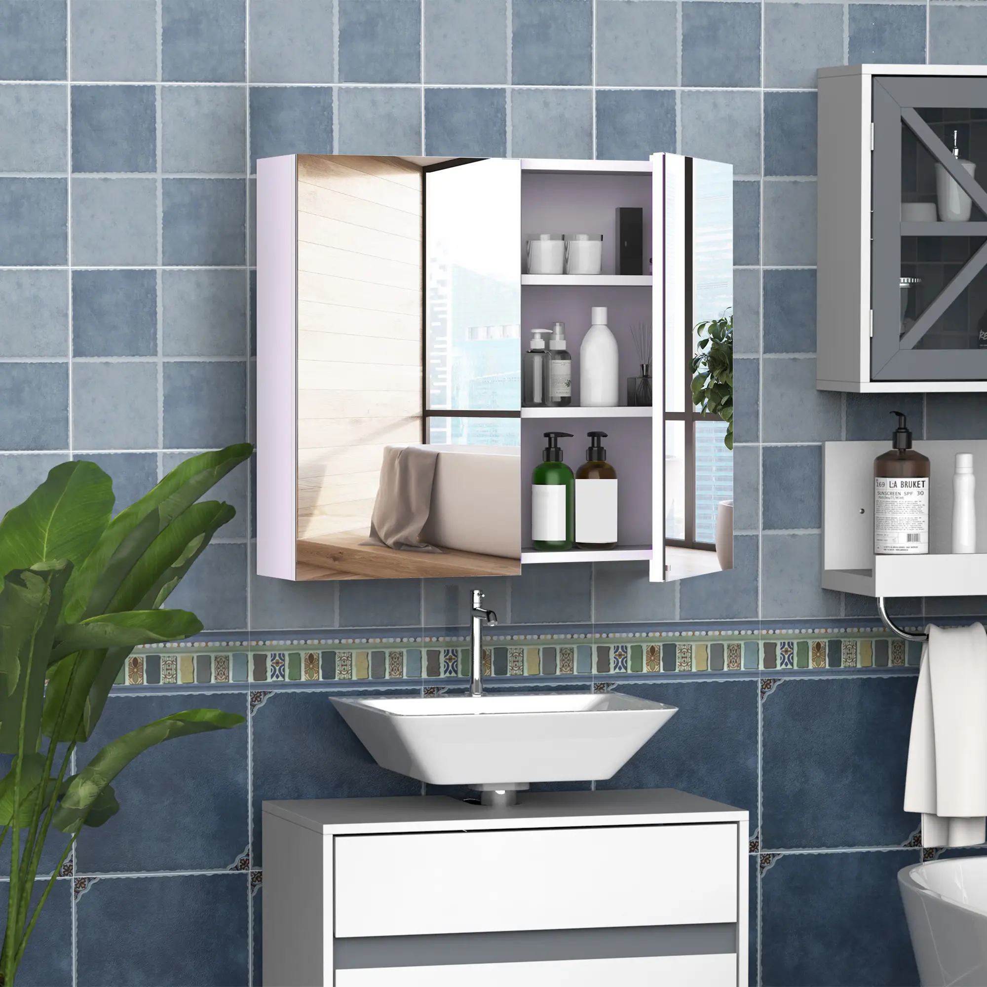 Wall Mount Mirrored Medicine Cabinet, Adjustable Shelf, Double Soft Closing Doors, Light Lilac - Image 7