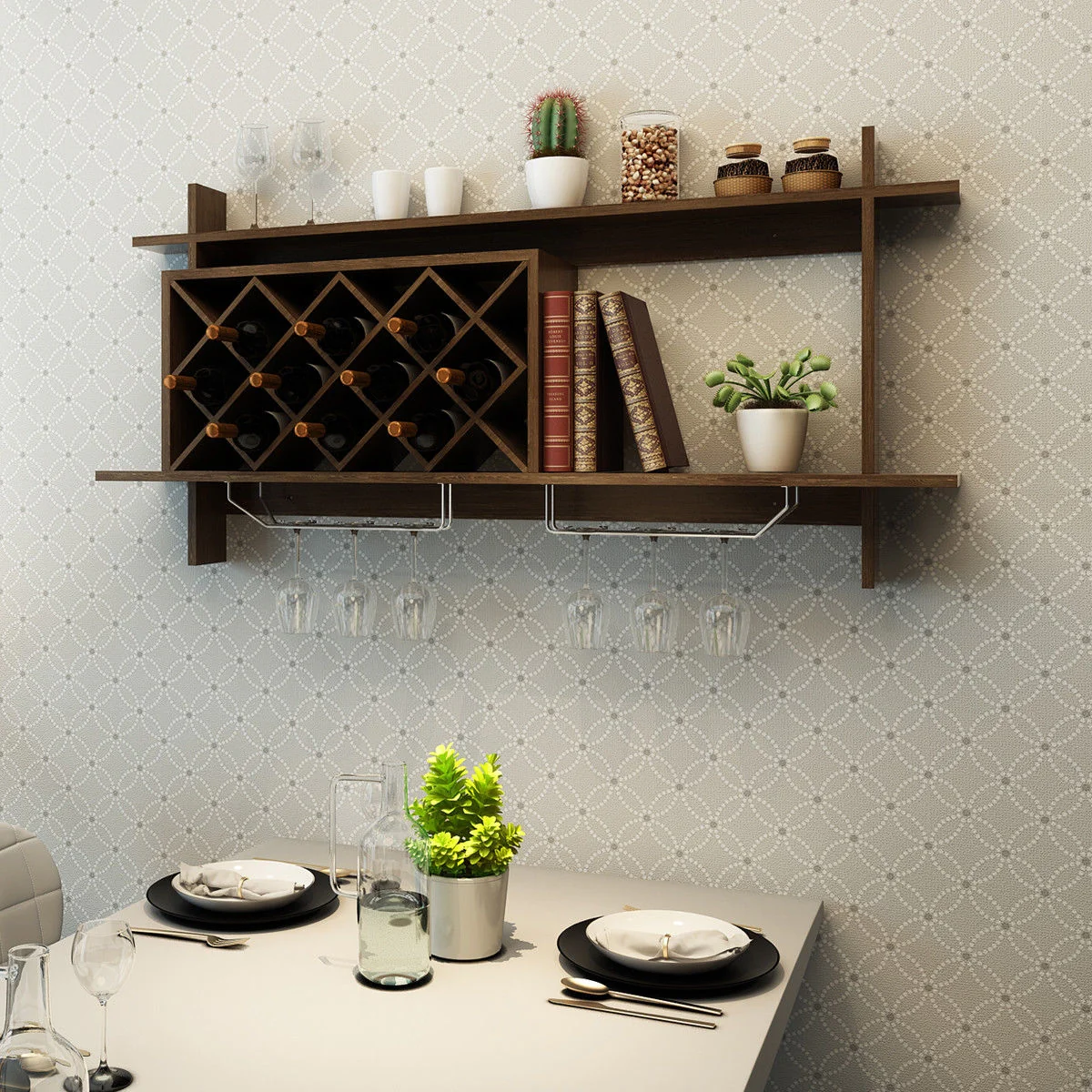 Wall Mount Wine Rack With Glass Holder, Storage Shelf, Walnut - Image 3