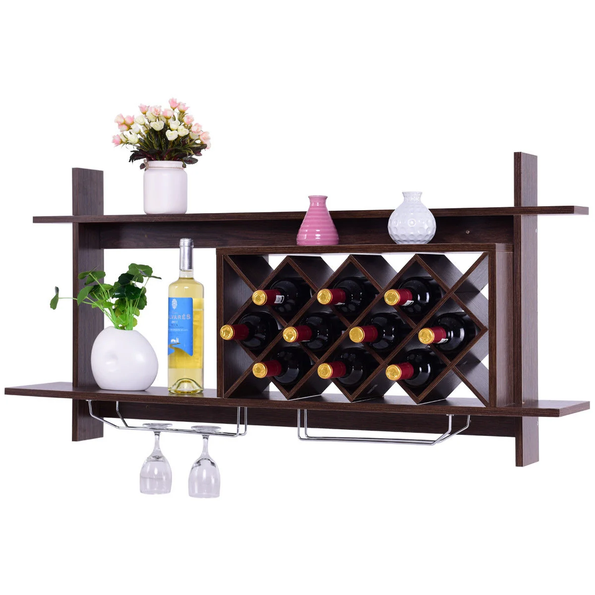 Wall Mount Wine Rack With Glass Holder, Storage Shelf, Walnut - Image 4