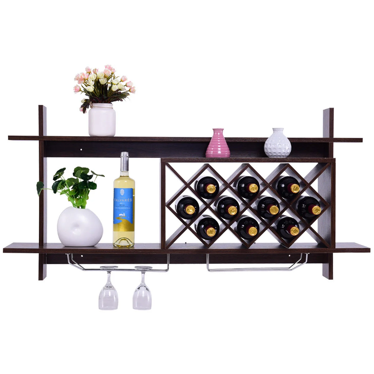 Wall Mount Wine Rack With Glass Holder, Storage Shelf, Walnut - Image 5