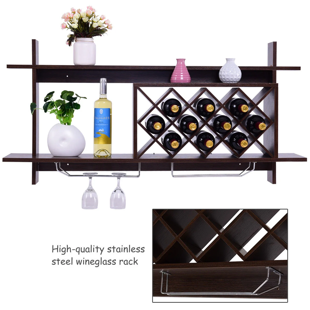 Wall Mount Wine Rack With Glass Holder, Storage Shelf, Walnut - Image 8