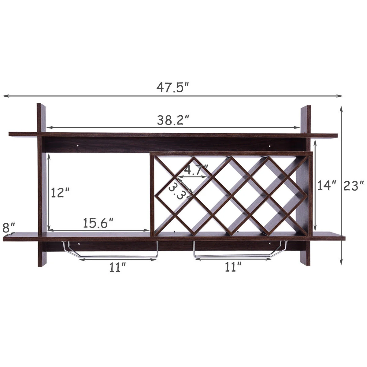 Wall Mount Wine Rack With Glass Holder, Storage Shelf, Walnut - Image 9
