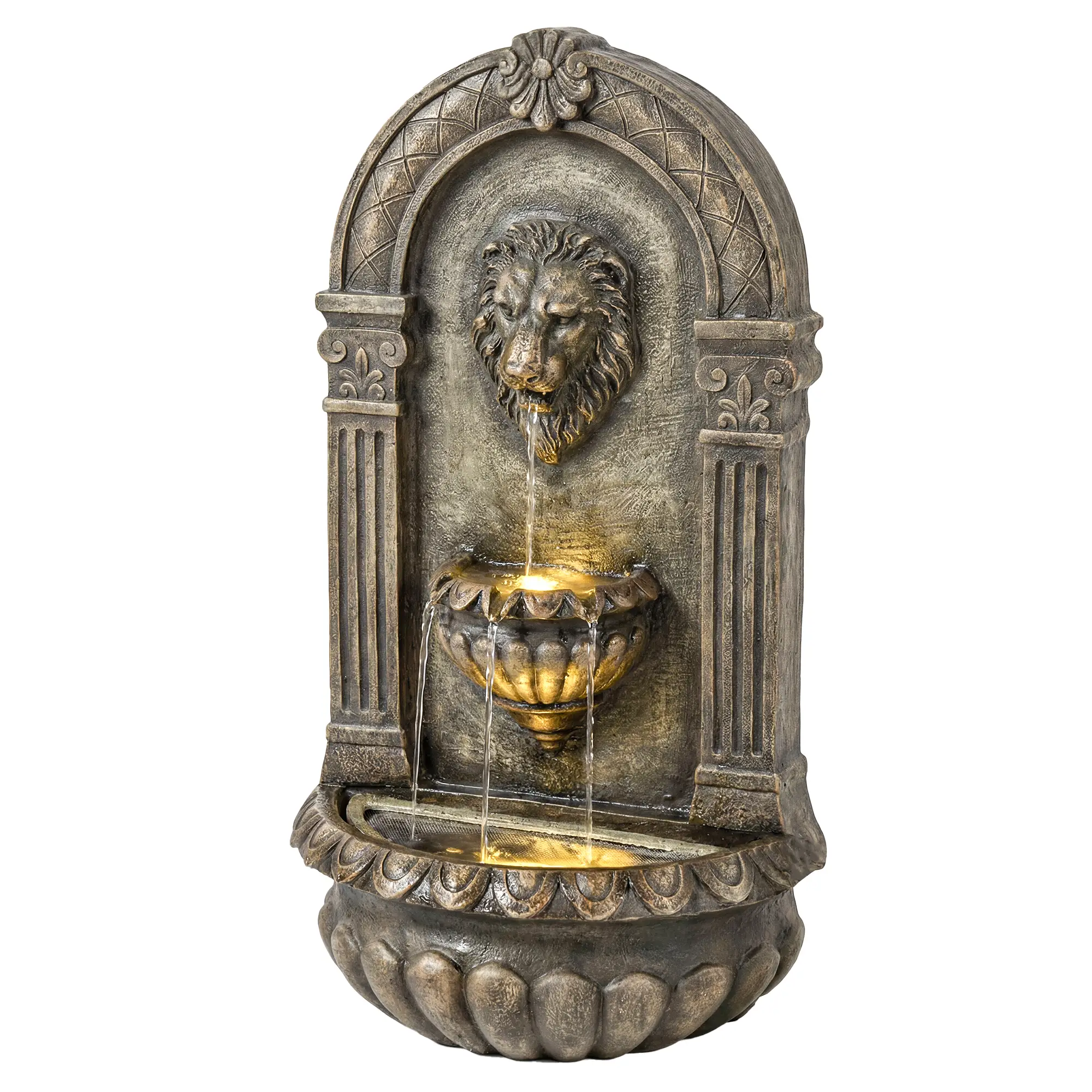 Wall Mounted 3 Tier Outdoor Fountain, Resin Waterfall With LED Lights, Rustic Brown